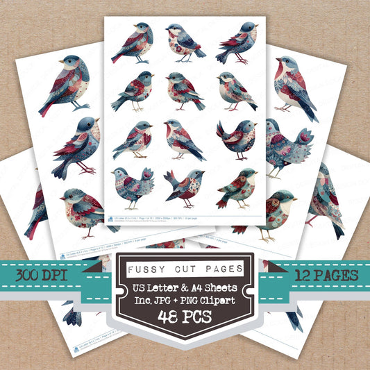 Fabric Patchwork Bird B fussy cut printable sheets for junk journaling, scrapbooking, and paper craft projects