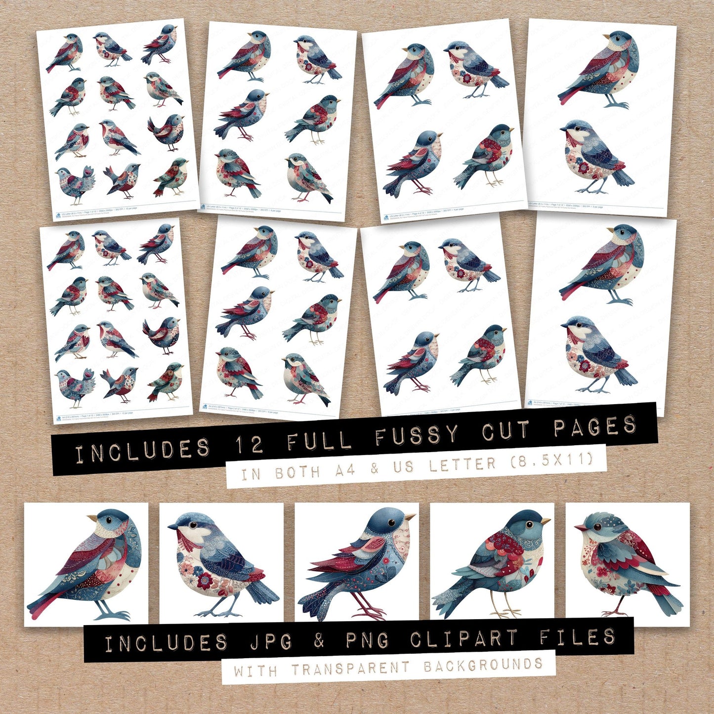 Full collection view of Fabric Patchwork Bird B fussy cut sheets with bonus clipart JPG and PNG files