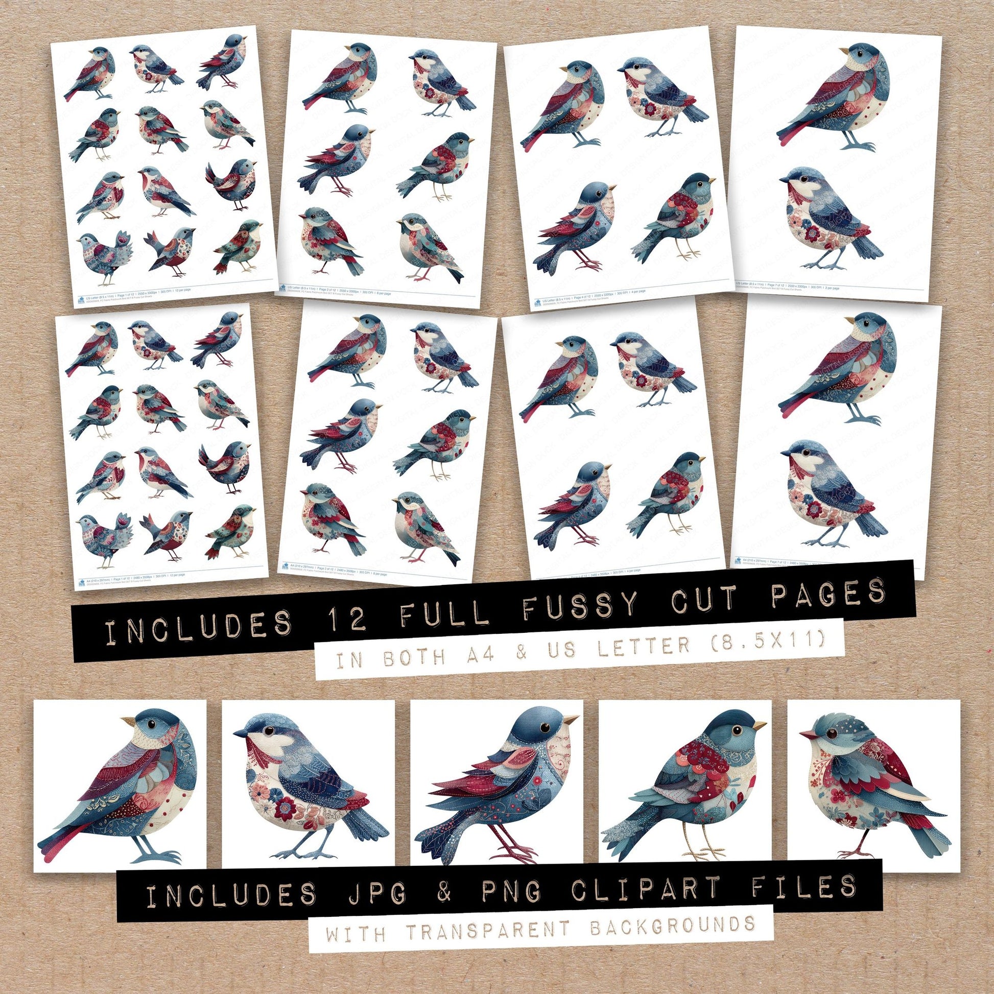 Full collection view of Fabric Patchwork Bird B fussy cut sheets with bonus clipart JPG and PNG files