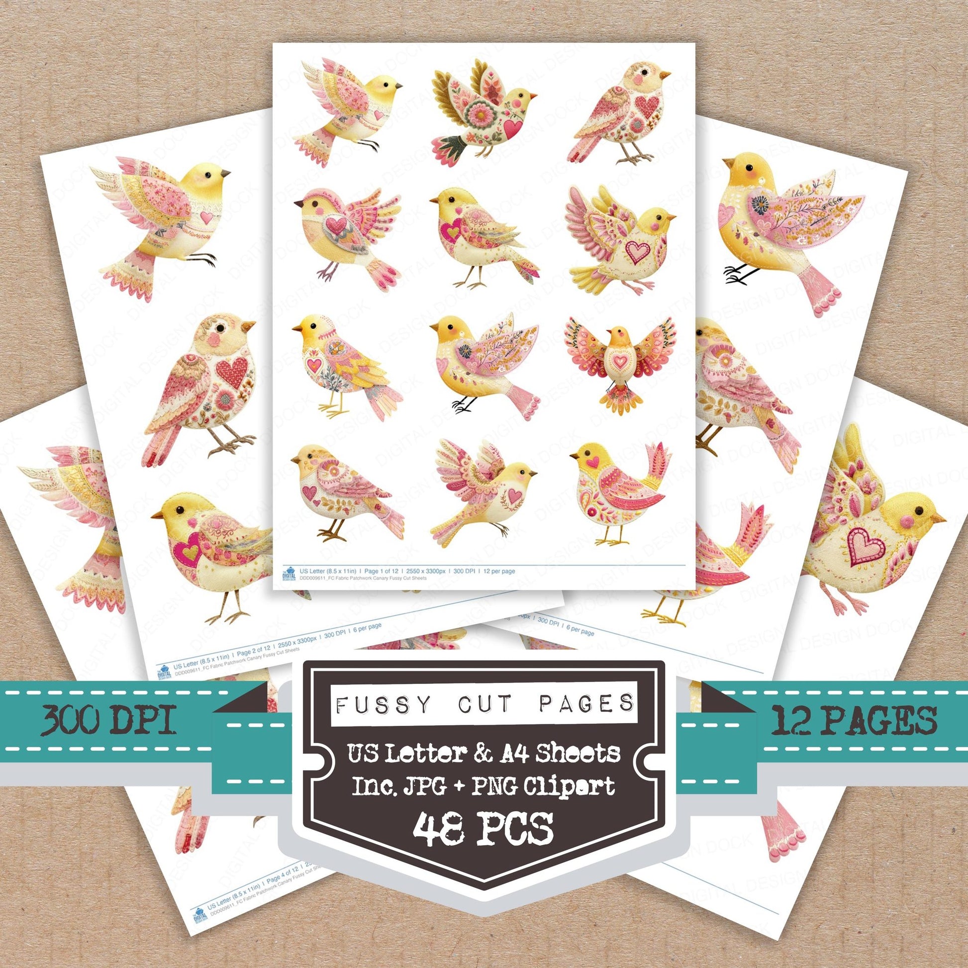 Fabric Patchwork Canary fussy cut printable sheets for junk journaling, scrapbooking, and paper craft projects
