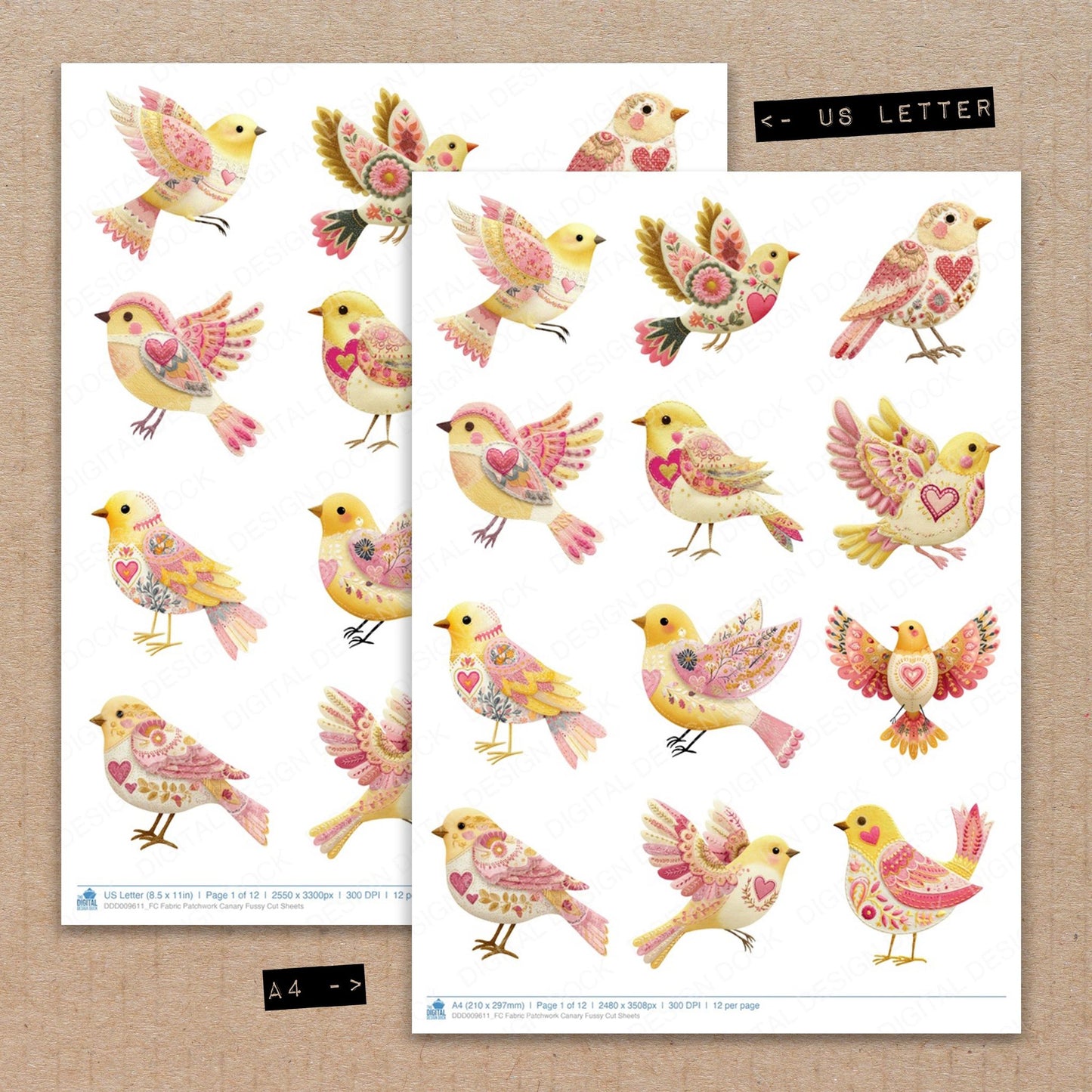 A4 and US Letter format comparison showing Fabric Patchwork Canary fussy cut pages for print and cut crafting