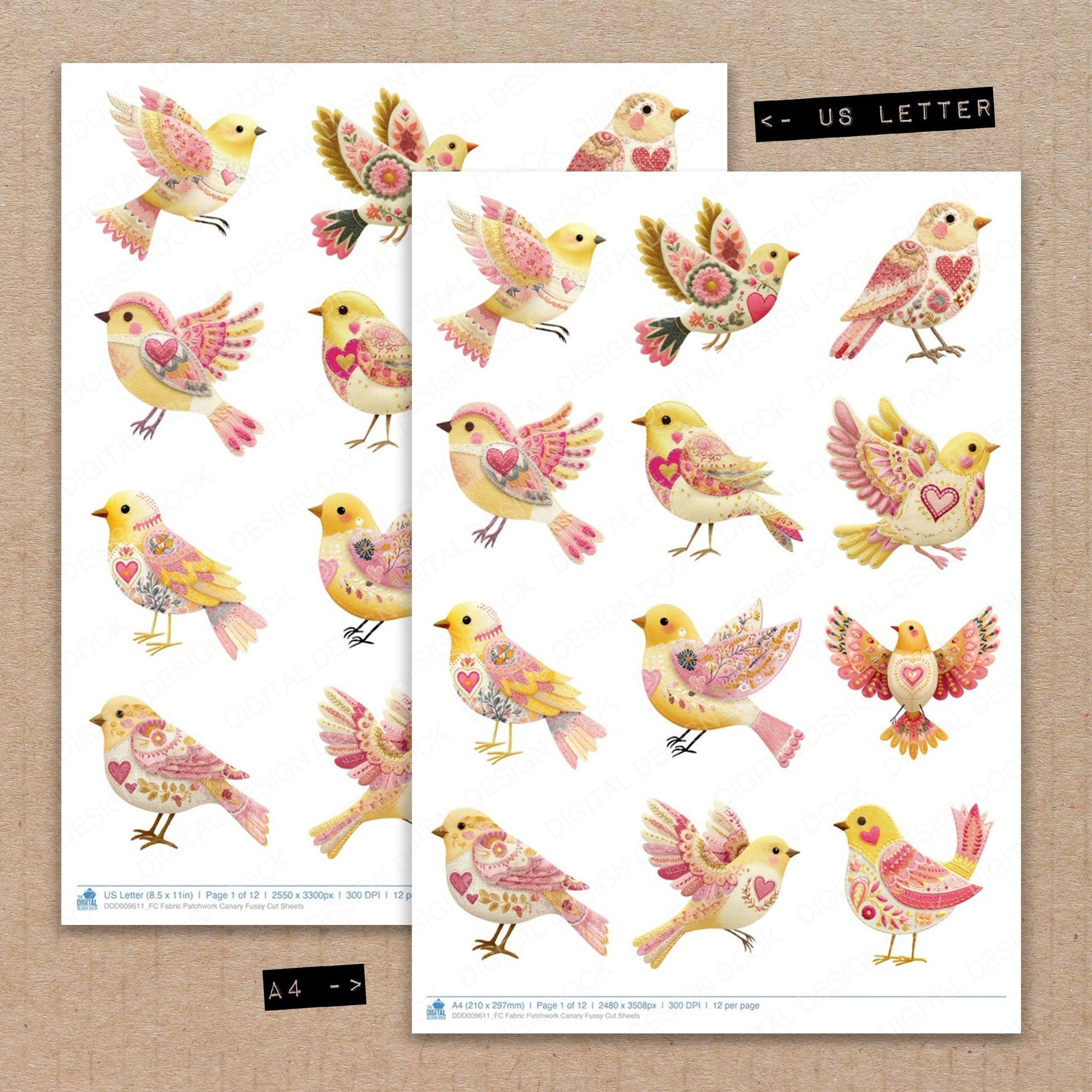A4 and US Letter format comparison showing Fabric Patchwork Canary fussy cut pages for print and cut crafting