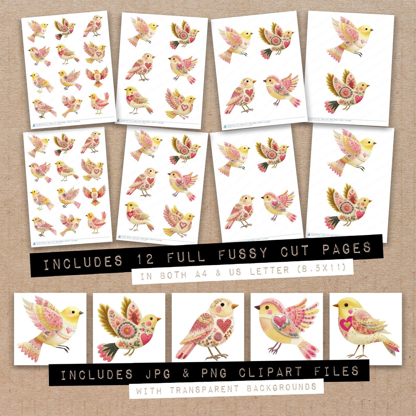 Full collection view of Fabric Patchwork Canary fussy cut sheets with bonus clipart JPG and PNG files