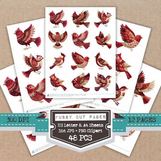 Fabric Patchwork Cardinal fussy cut printable sheets for junk journaling, scrapbooking, and paper craft projects