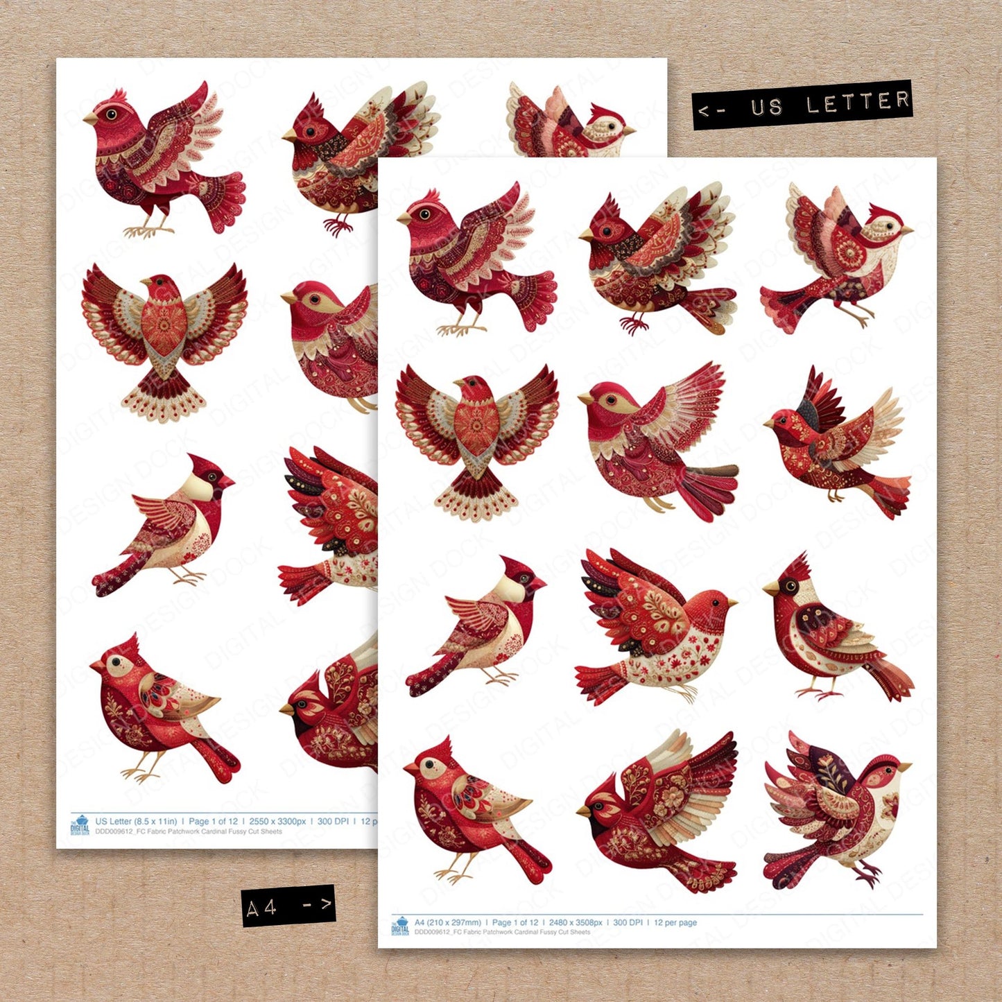 A4 and US Letter format comparison showing Fabric Patchwork Cardinal fussy cut pages for print and cut crafting