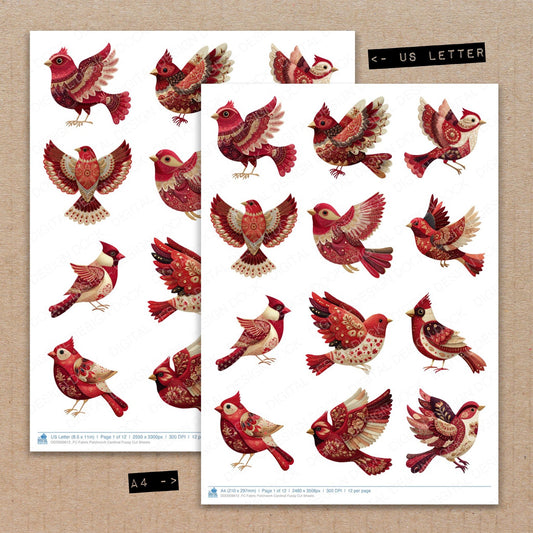 A4 and US Letter format comparison showing Fabric Patchwork Cardinal fussy cut pages for print and cut crafting