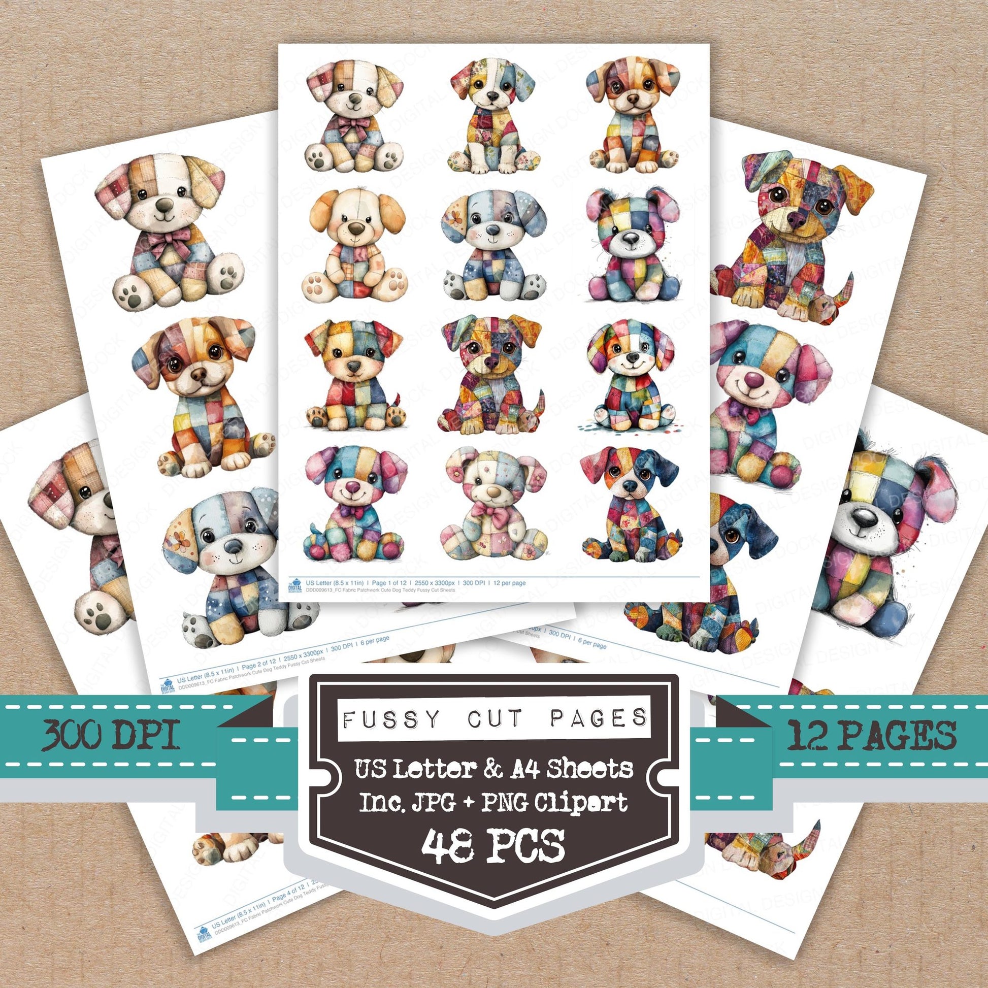Fabric Patchwork Cute Dog Teddy fussy cut printable sheets for junk journaling, scrapbooking, and paper craft projects