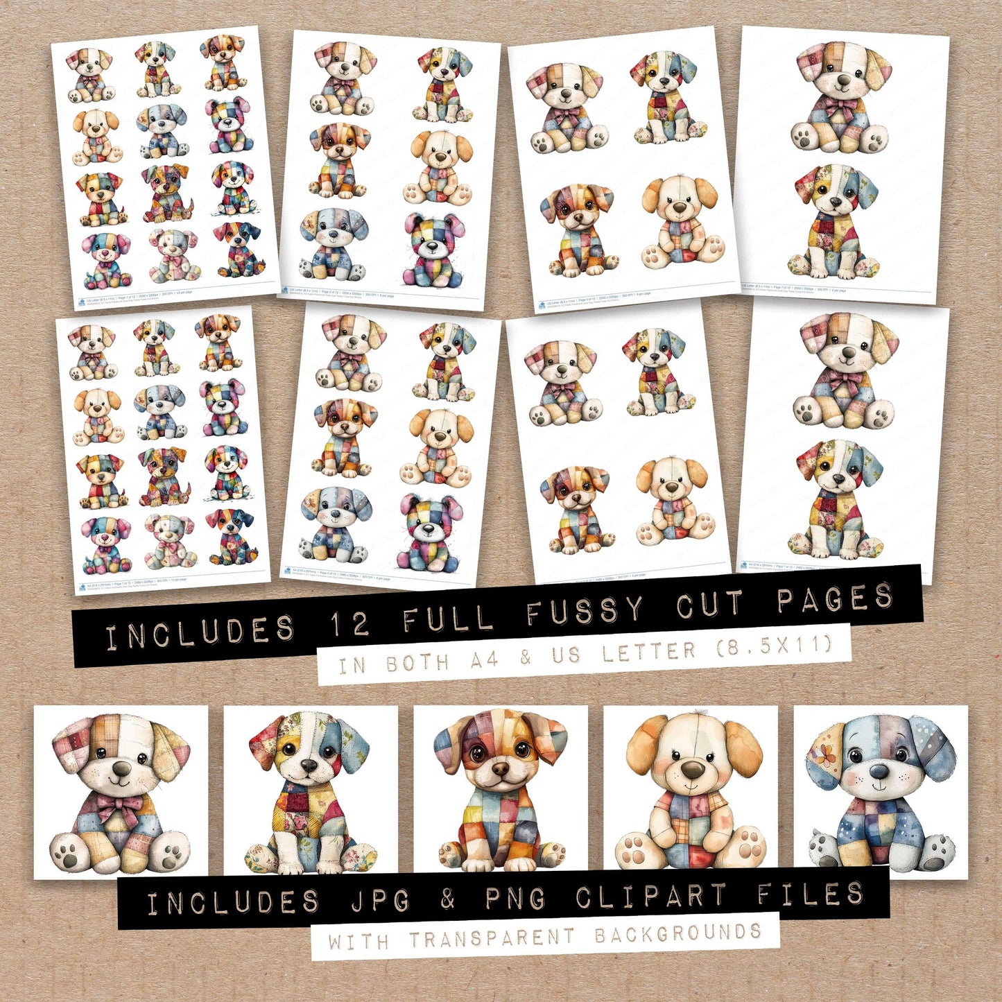 Full collection view of Fabric Patchwork Cute Dog Teddy fussy cut sheets with bonus clipart JPG and PNG files