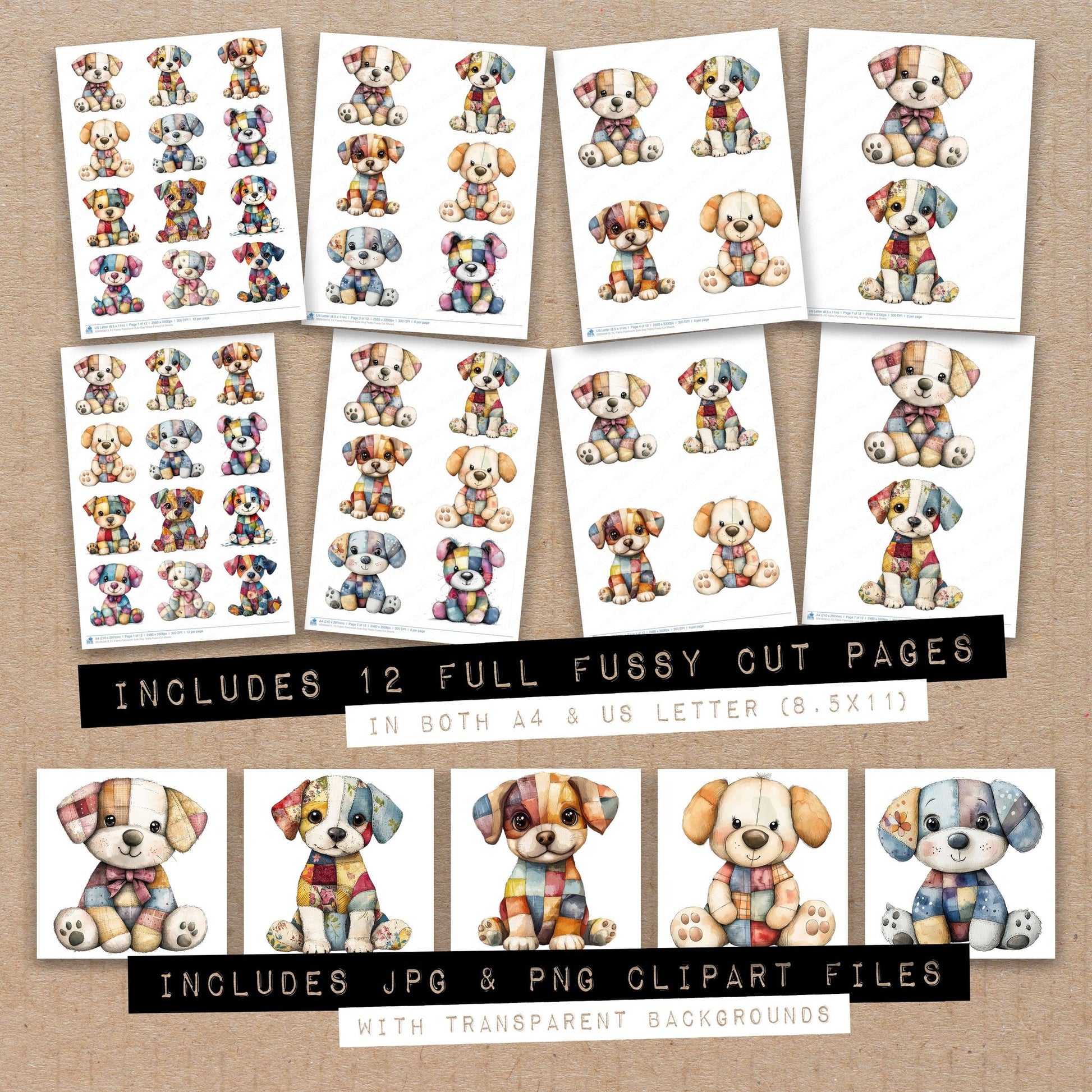 Full collection view of Fabric Patchwork Cute Dog Teddy fussy cut sheets with bonus clipart JPG and PNG files