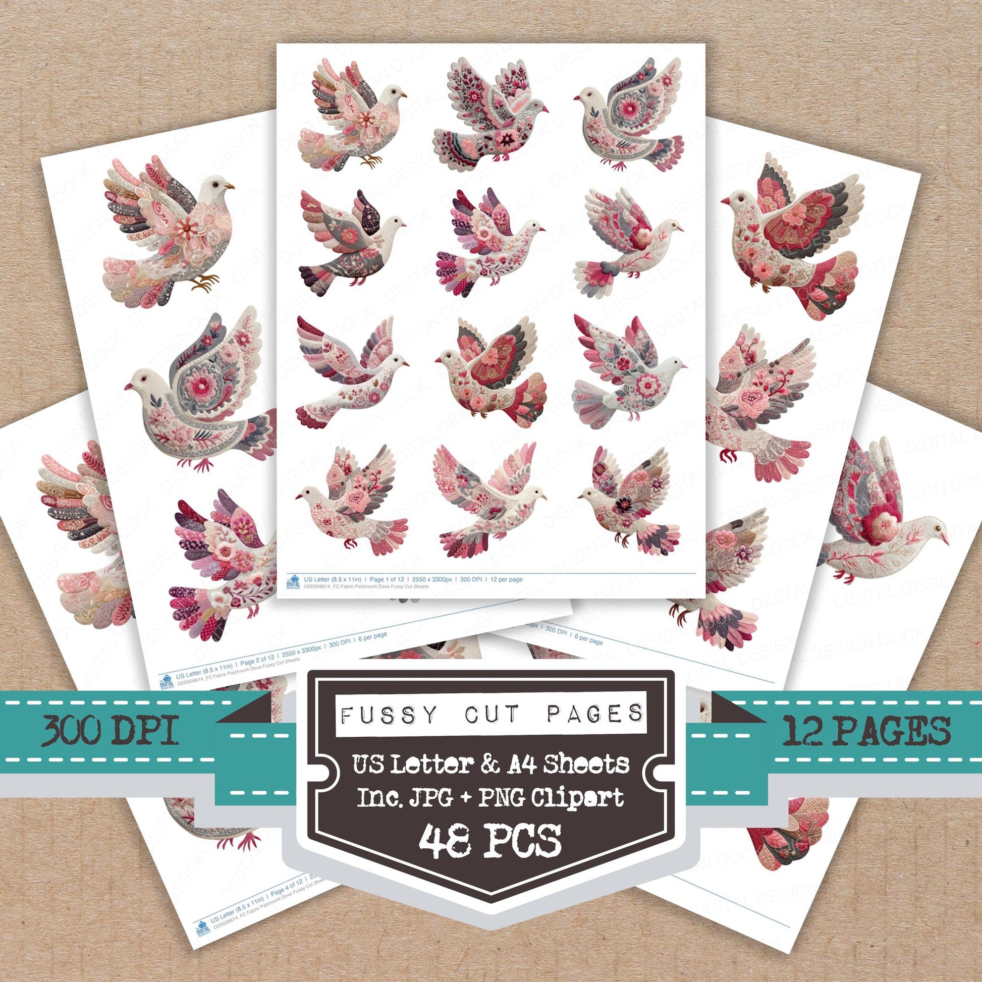 Fabric Patchwork Dove fussy cut printable sheets for junk journaling, scrapbooking, and paper craft projects
