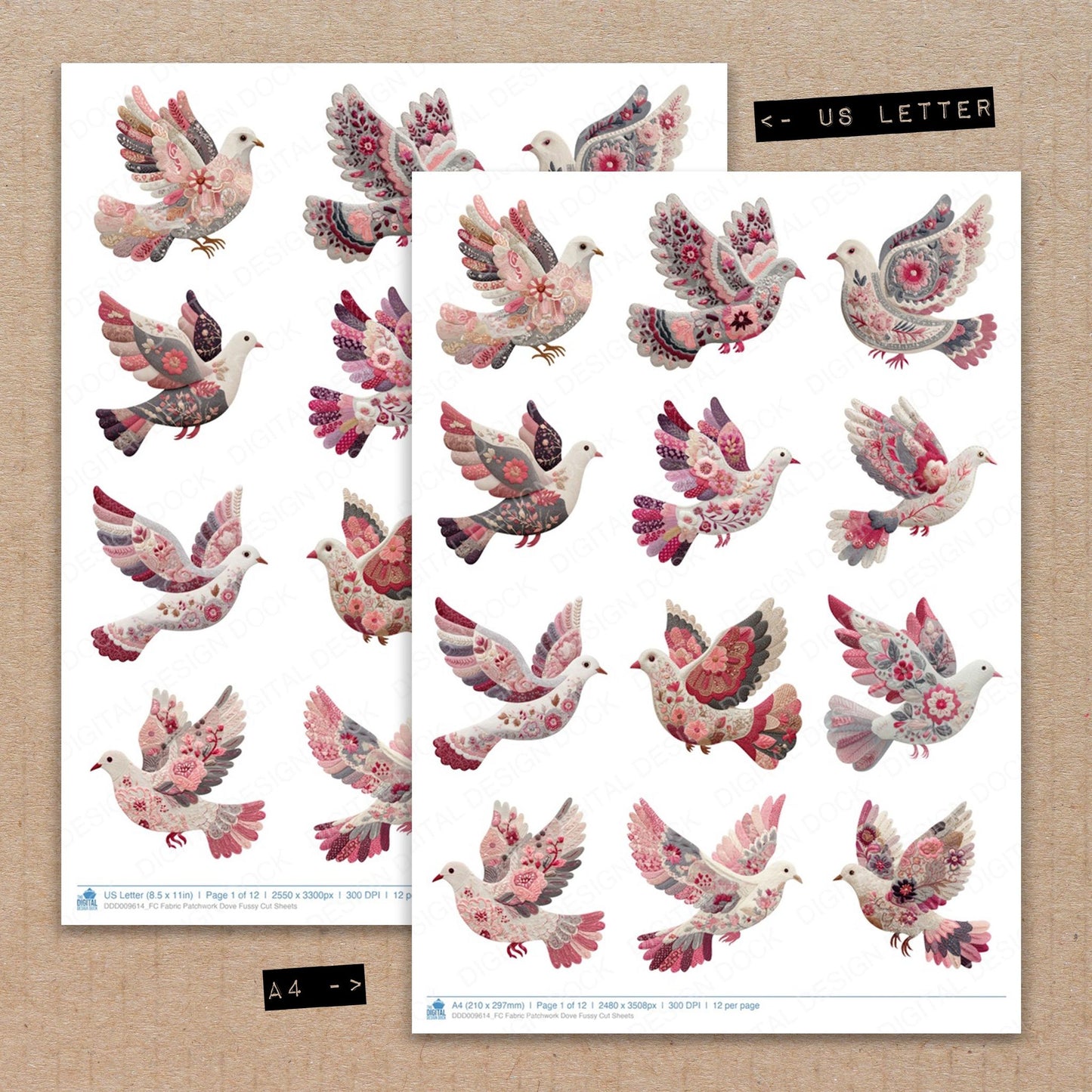 A4 and US Letter format comparison showing Fabric Patchwork Dove fussy cut pages for print and cut crafting
