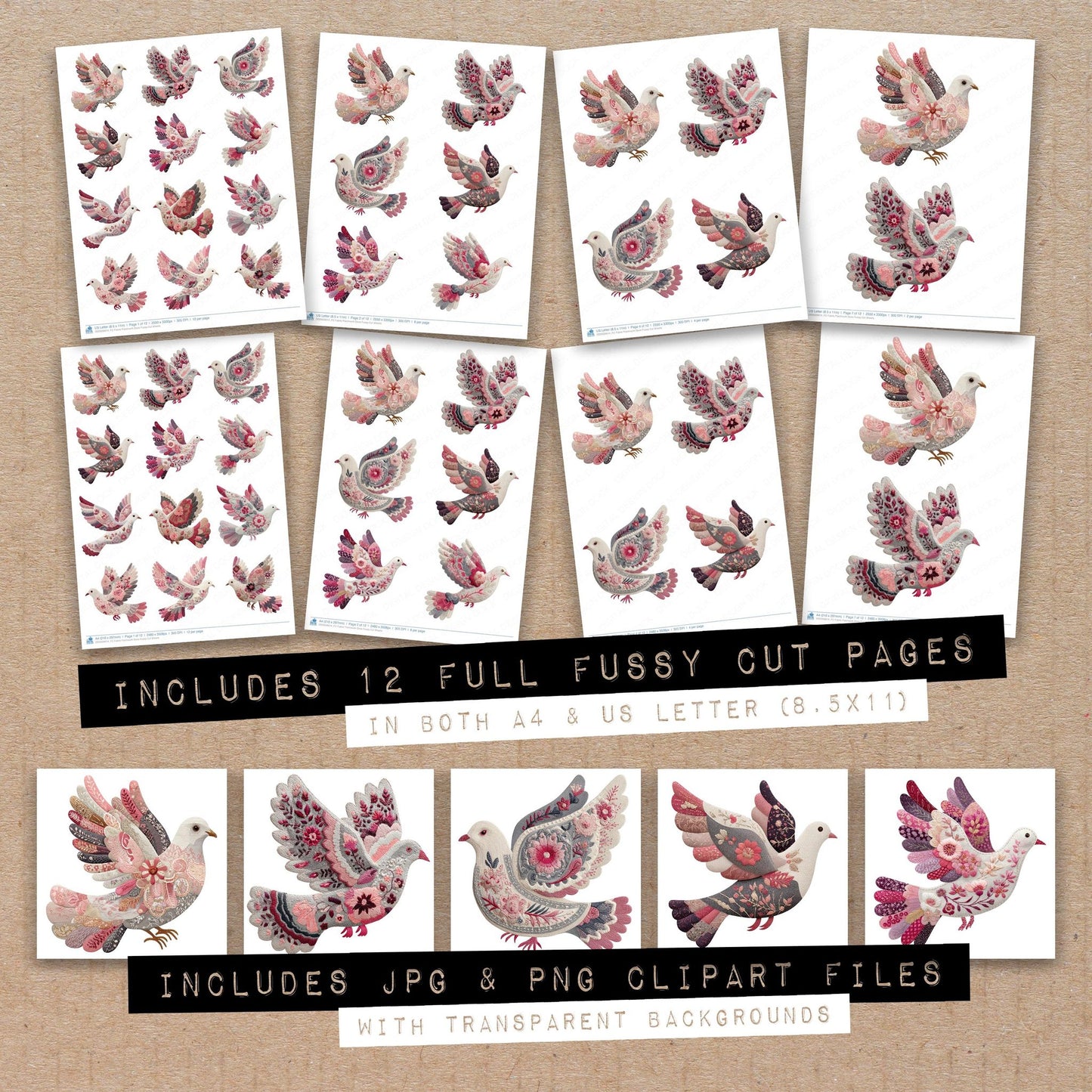 Full collection view of Fabric Patchwork Dove fussy cut sheets with bonus clipart JPG and PNG files