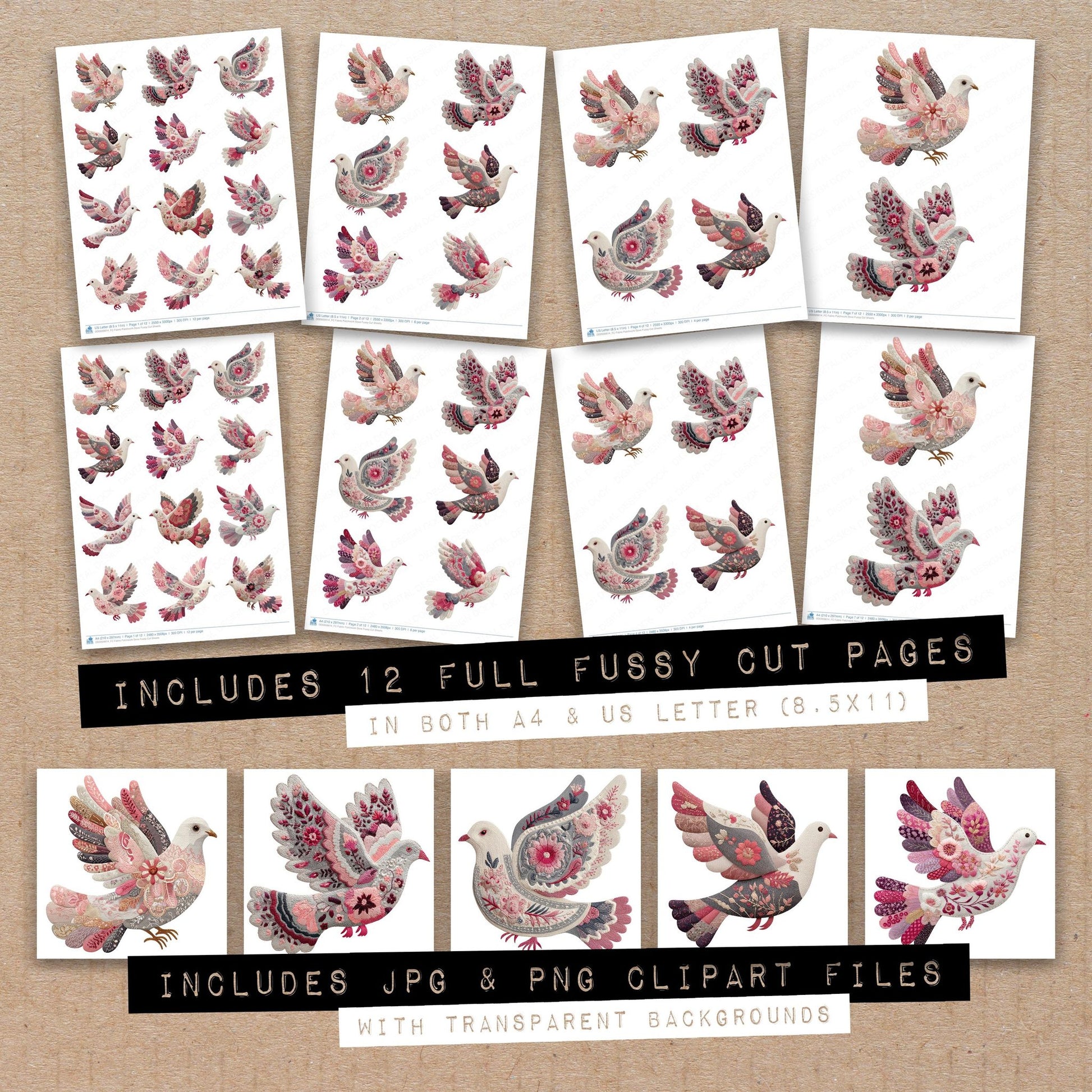 Full collection view of Fabric Patchwork Dove fussy cut sheets with bonus clipart JPG and PNG files