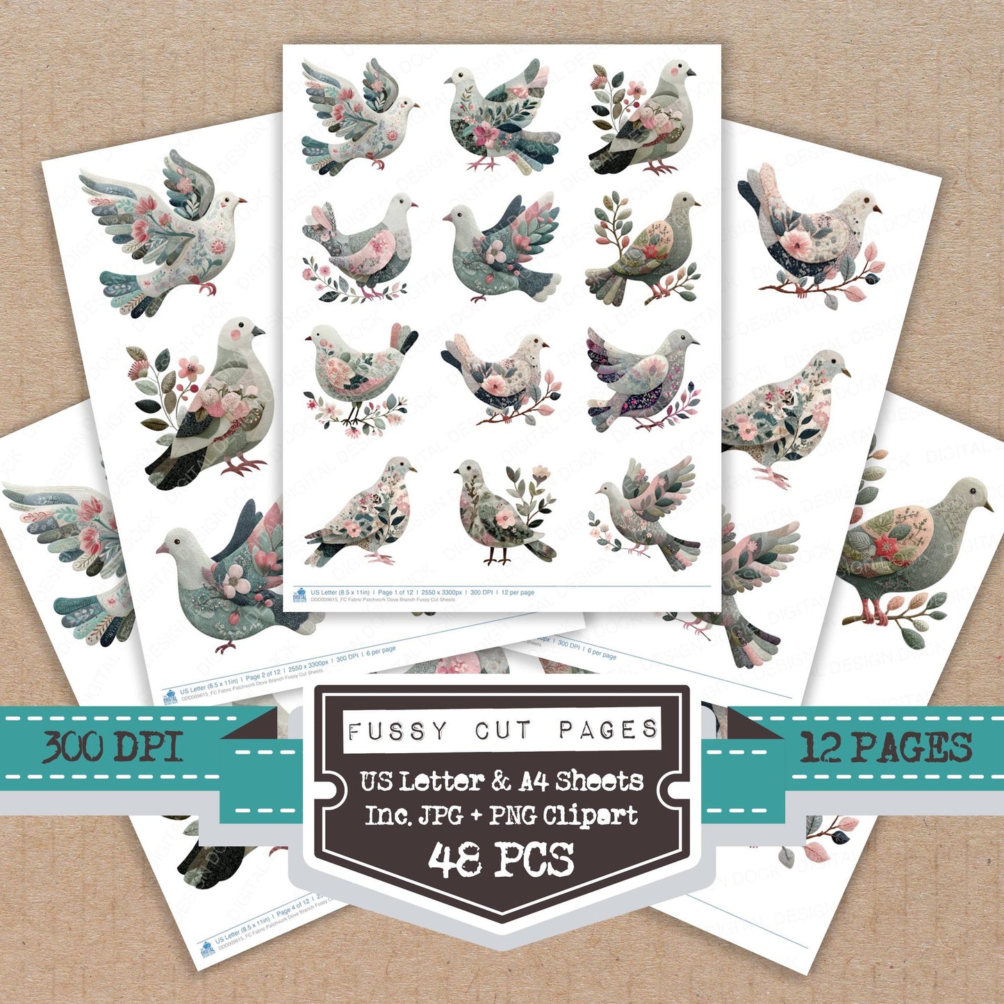Fabric Patchwork Dove Branch fussy cut printable sheets for junk journaling, scrapbooking, and paper craft projects