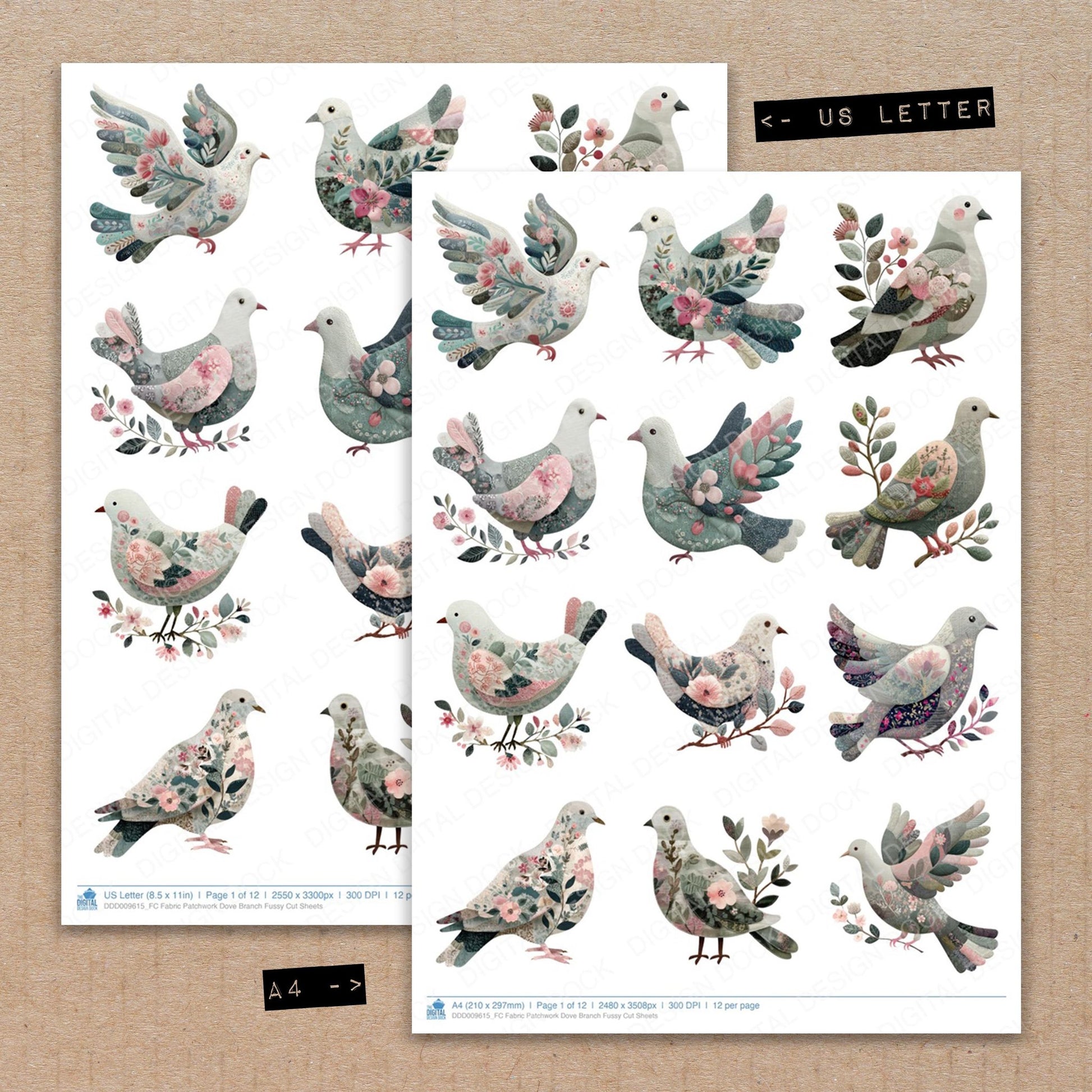 A4 and US Letter format comparison showing Fabric Patchwork Dove Branch fussy cut pages for print and cut crafting
