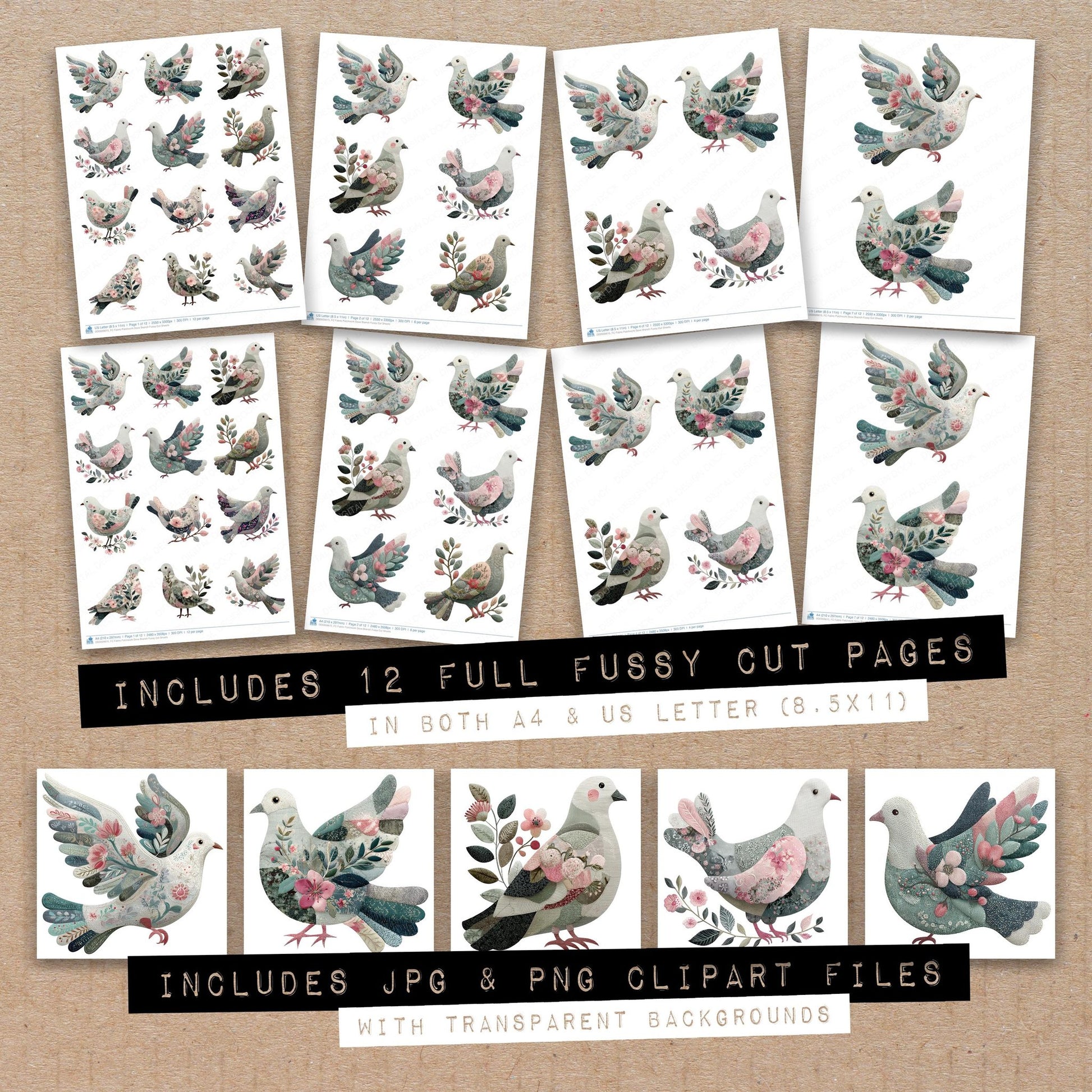 Full collection view of Fabric Patchwork Dove Branch fussy cut sheets with bonus clipart JPG and PNG files