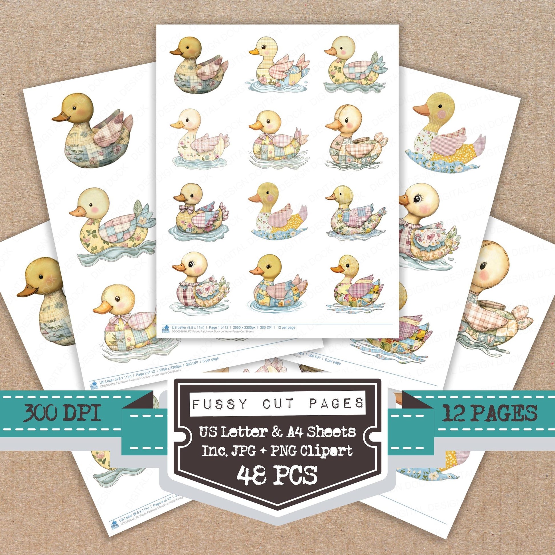 Fabric Patchwork Duck on Water fussy cut printable sheets for junk journaling, scrapbooking, and paper craft projects