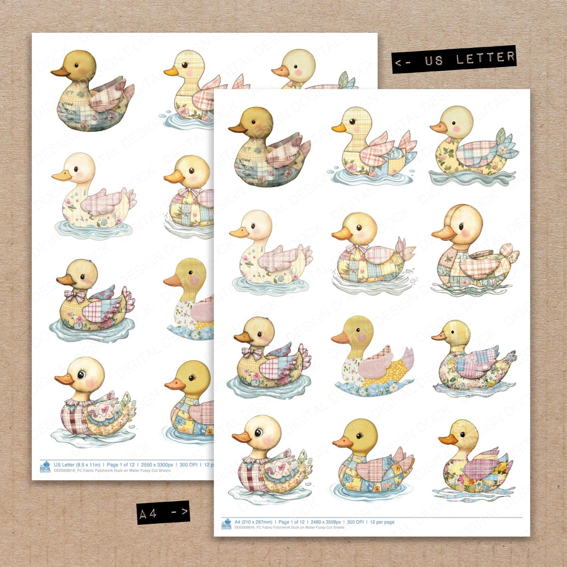 A4 and US Letter format comparison showing Fabric Patchwork Duck on Water fussy cut pages for print and cut crafting