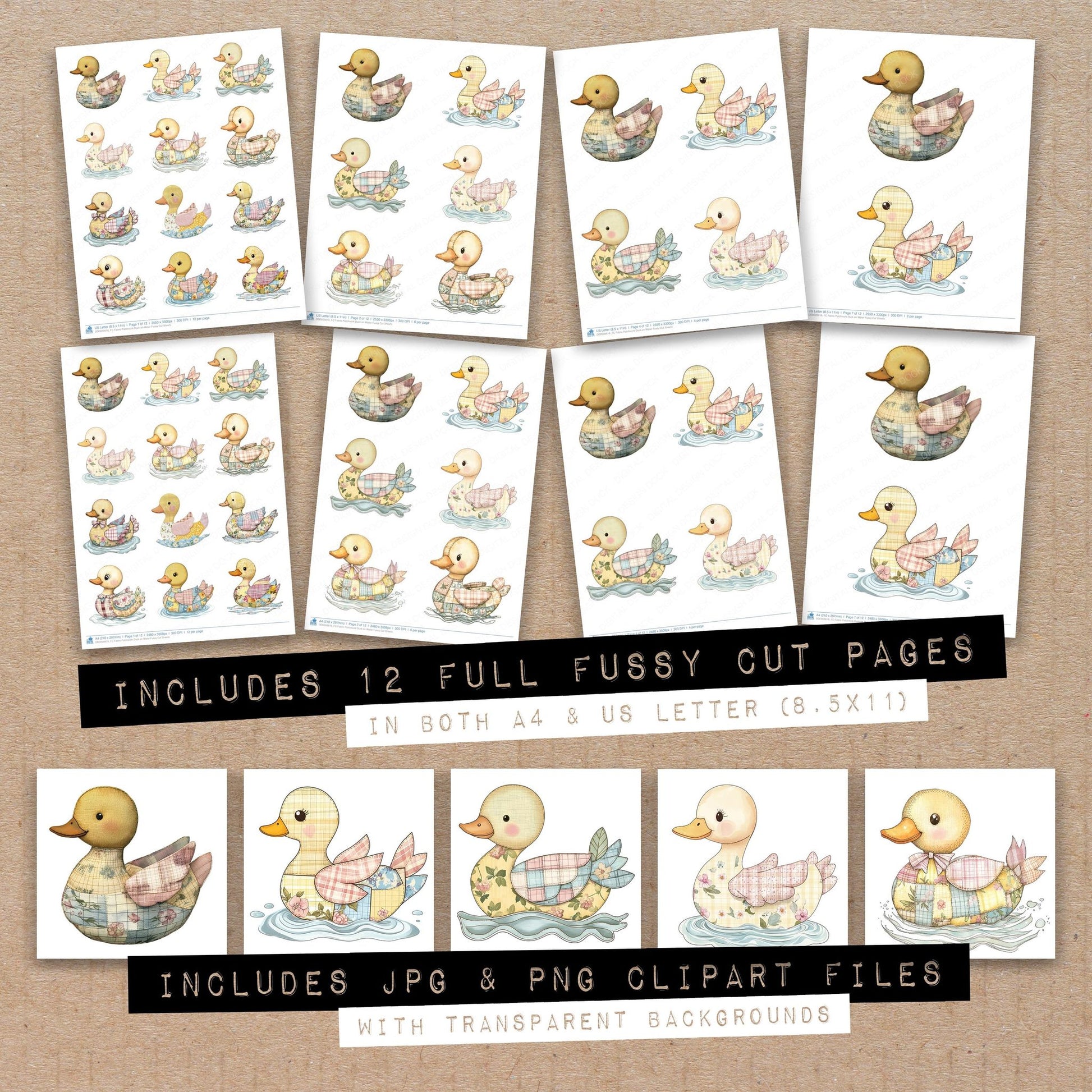 Full collection view of Fabric Patchwork Duck on Water fussy cut sheets with bonus clipart JPG and PNG files