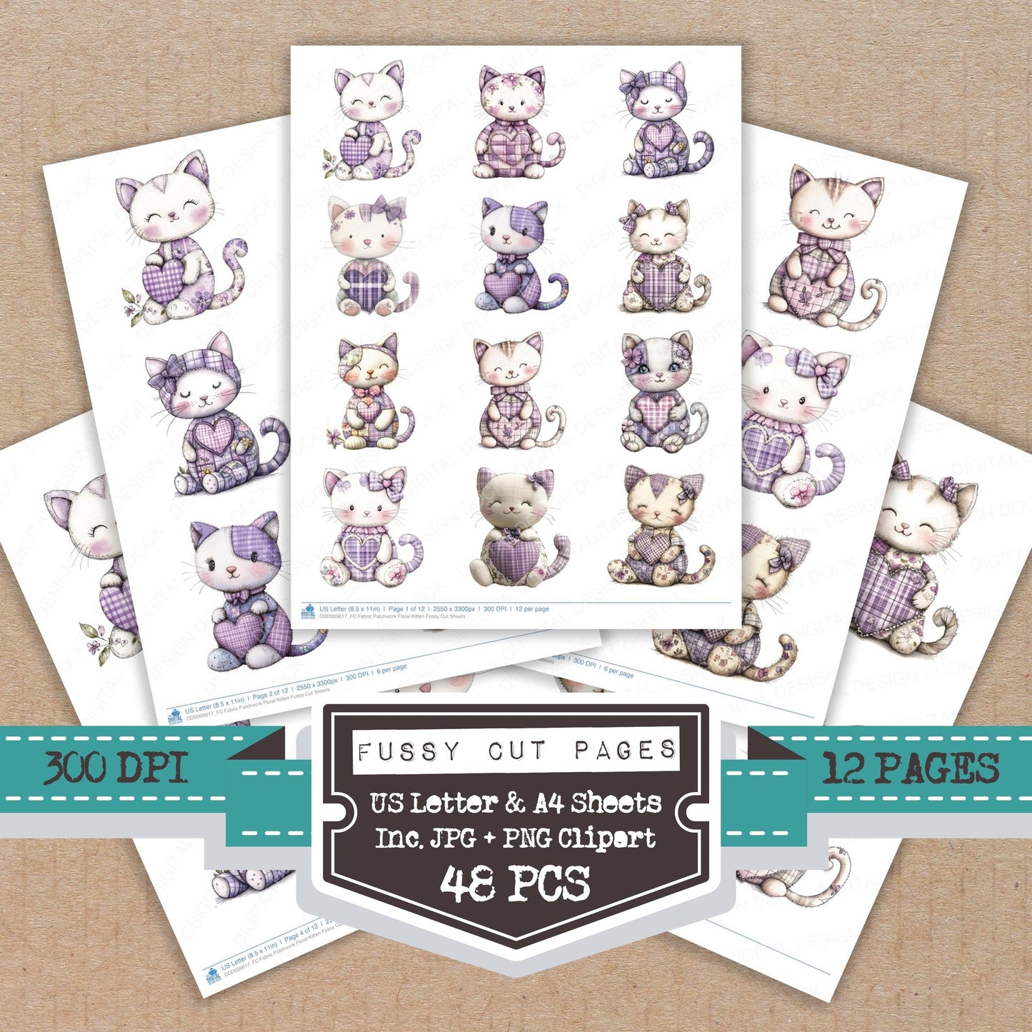 Fabric Patchwork Floral Kitten fussy cut printable sheets for junk journaling, scrapbooking, and paper craft projects