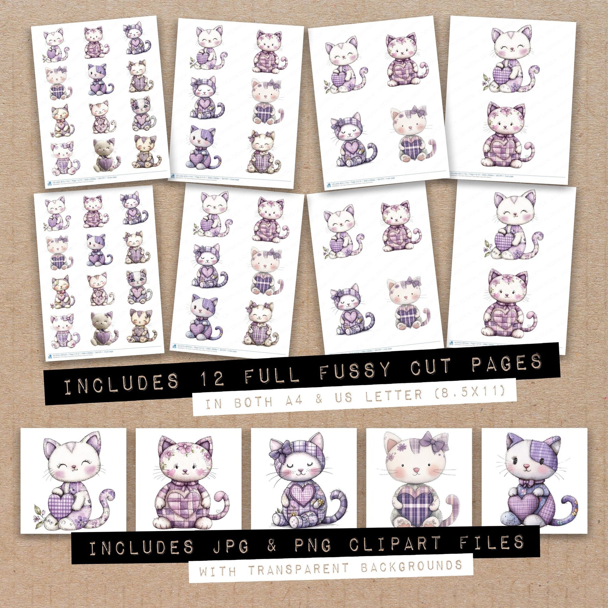 Full collection view of Fabric Patchwork Floral Kitten fussy cut sheets with bonus clipart JPG and PNG files