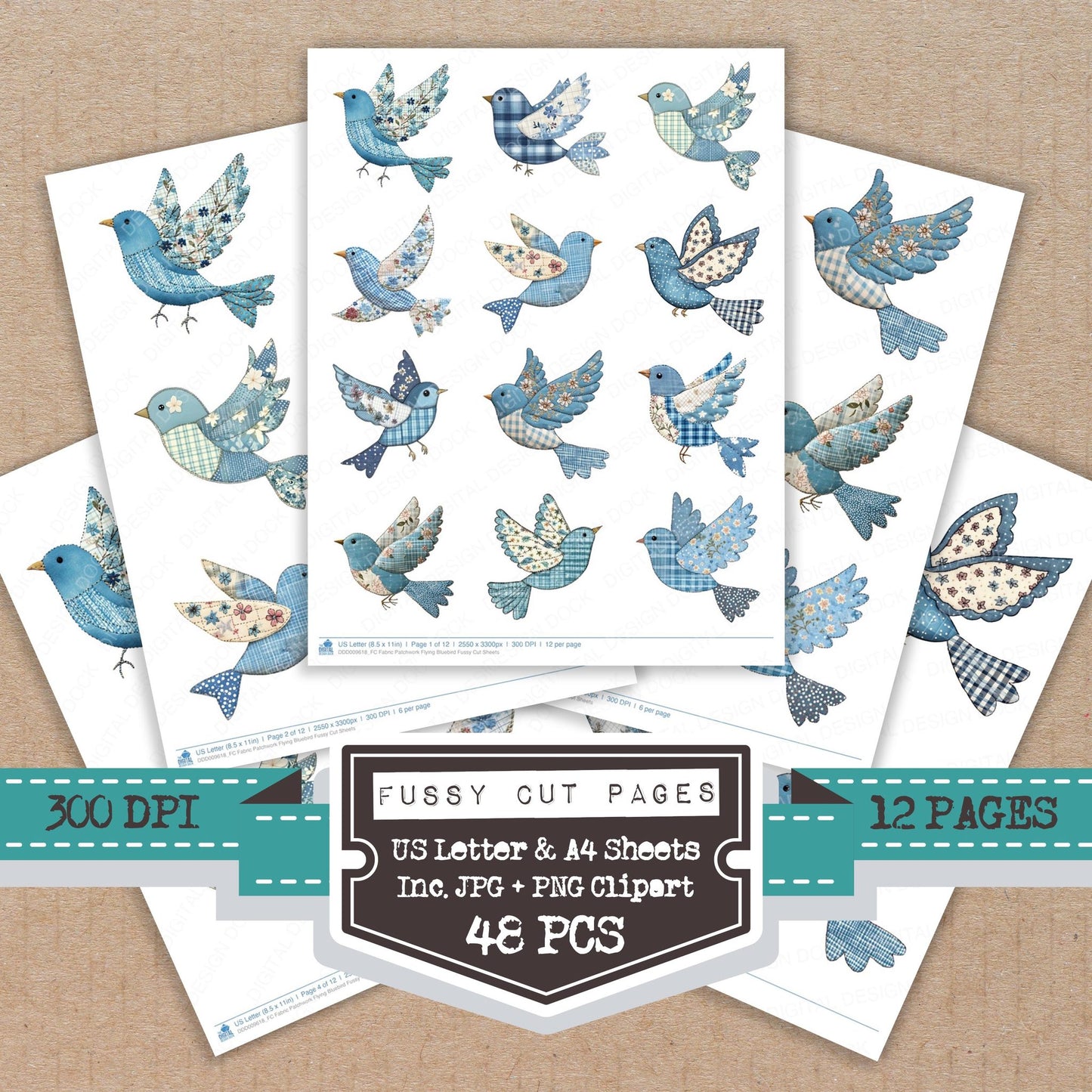 Fabric Patchwork Flying Bluebird fussy cut printable sheets for junk journaling, scrapbooking, and paper craft projects