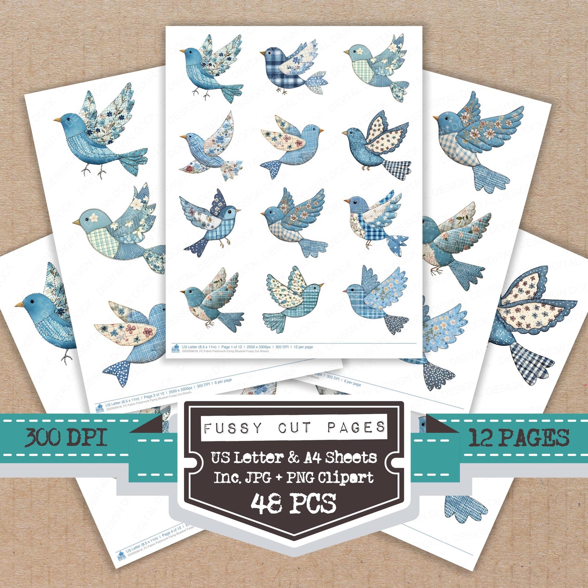 Fabric Patchwork Flying Bluebird fussy cut printable sheets for junk journaling, scrapbooking, and paper craft projects
