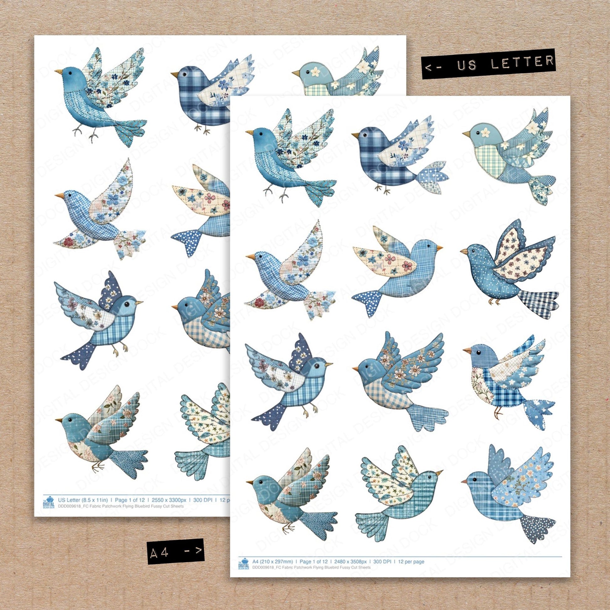 A4 and US Letter format comparison showing Fabric Patchwork Flying Bluebird fussy cut pages for print and cut crafting