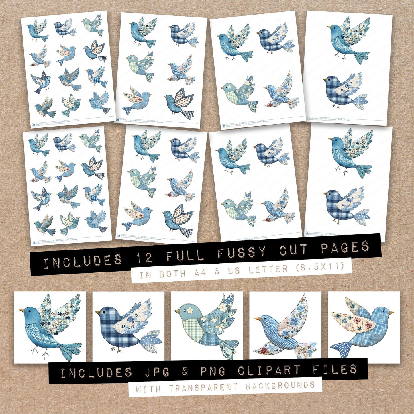 Full collection view of Fabric Patchwork Flying Bluebird fussy cut sheets with bonus clipart JPG and PNG files