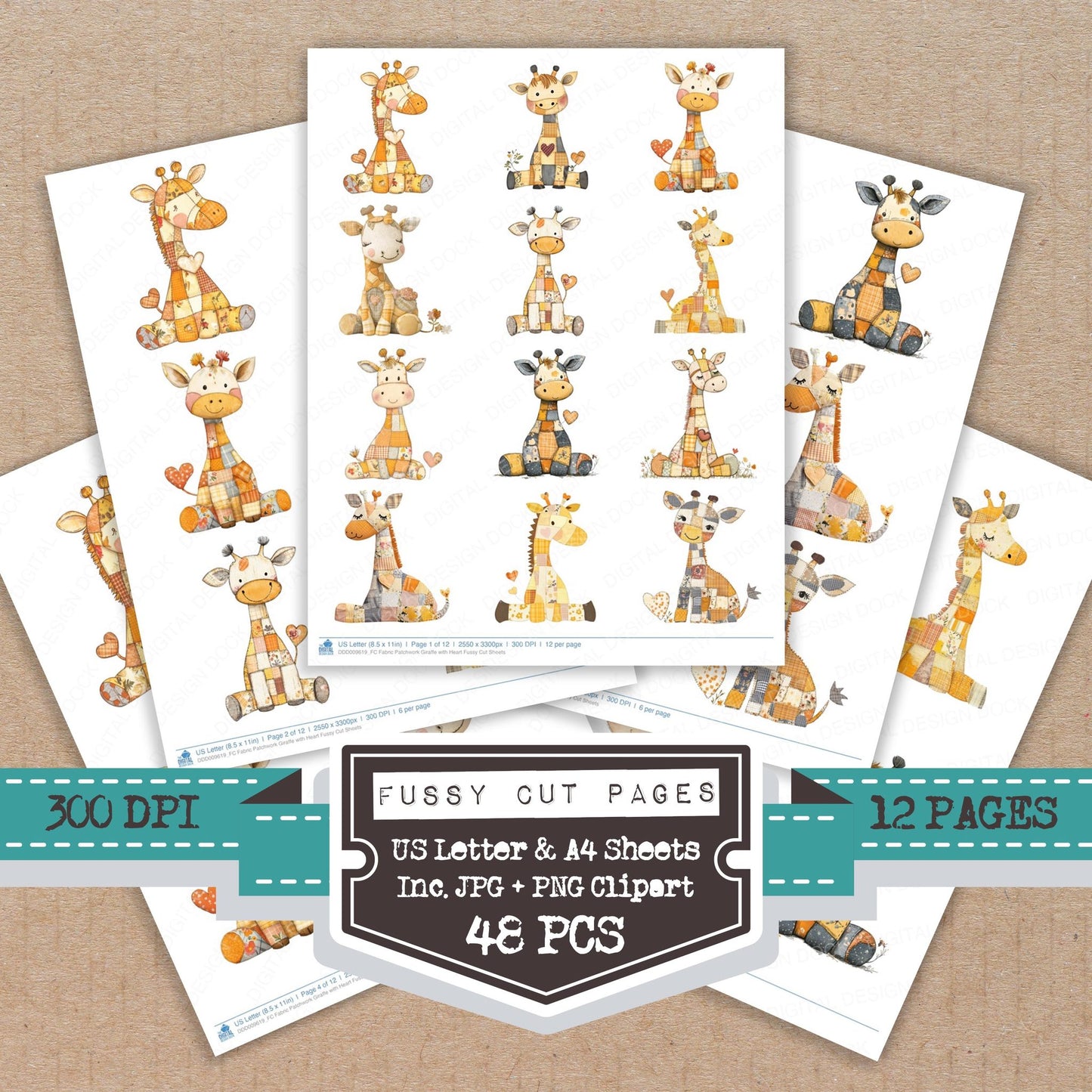 Fabric Patchwork Giraffe with Heart fussy cut printable sheets for junk journaling, scrapbooking, and paper craft projects