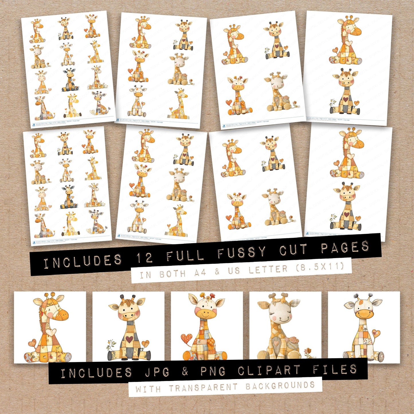 Full collection view of Fabric Patchwork Giraffe with Heart fussy cut sheets with bonus clipart JPG and PNG files