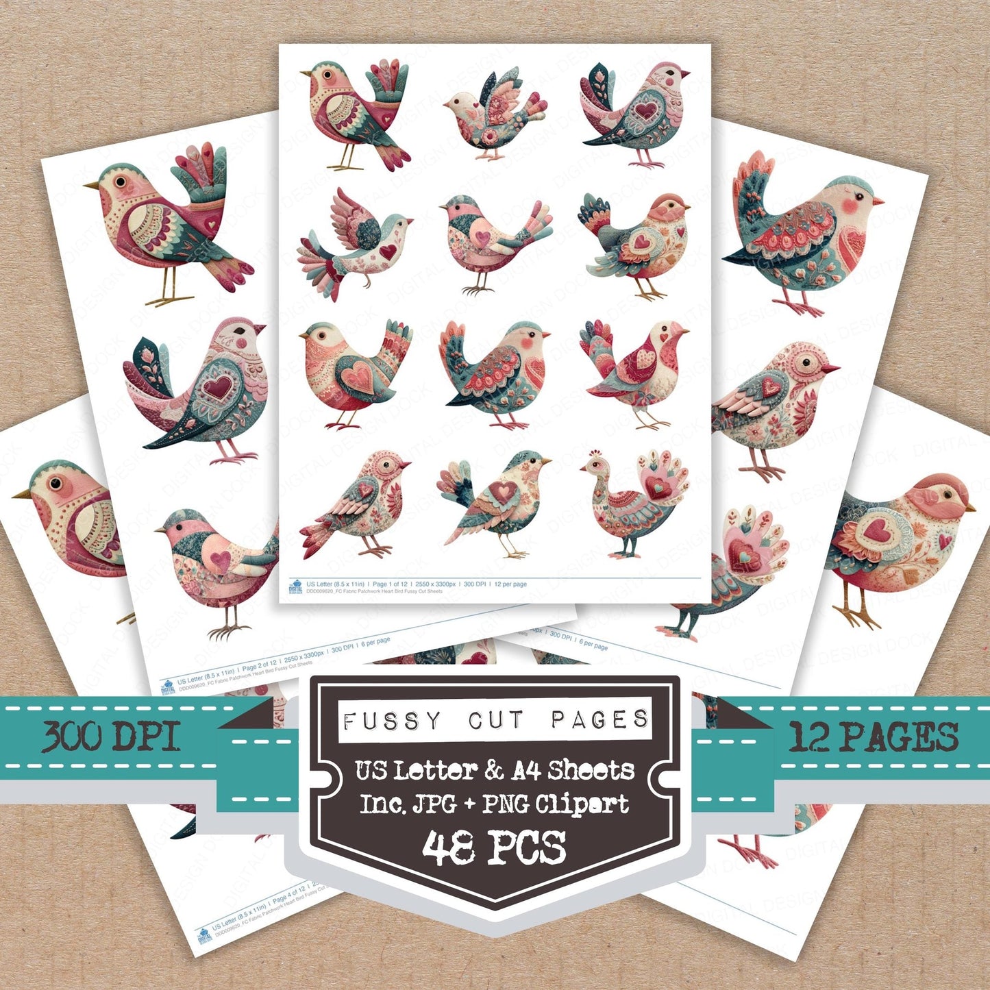 Fabric Patchwork Heart Bird Fussy Cut Sheets (DDD009620)
