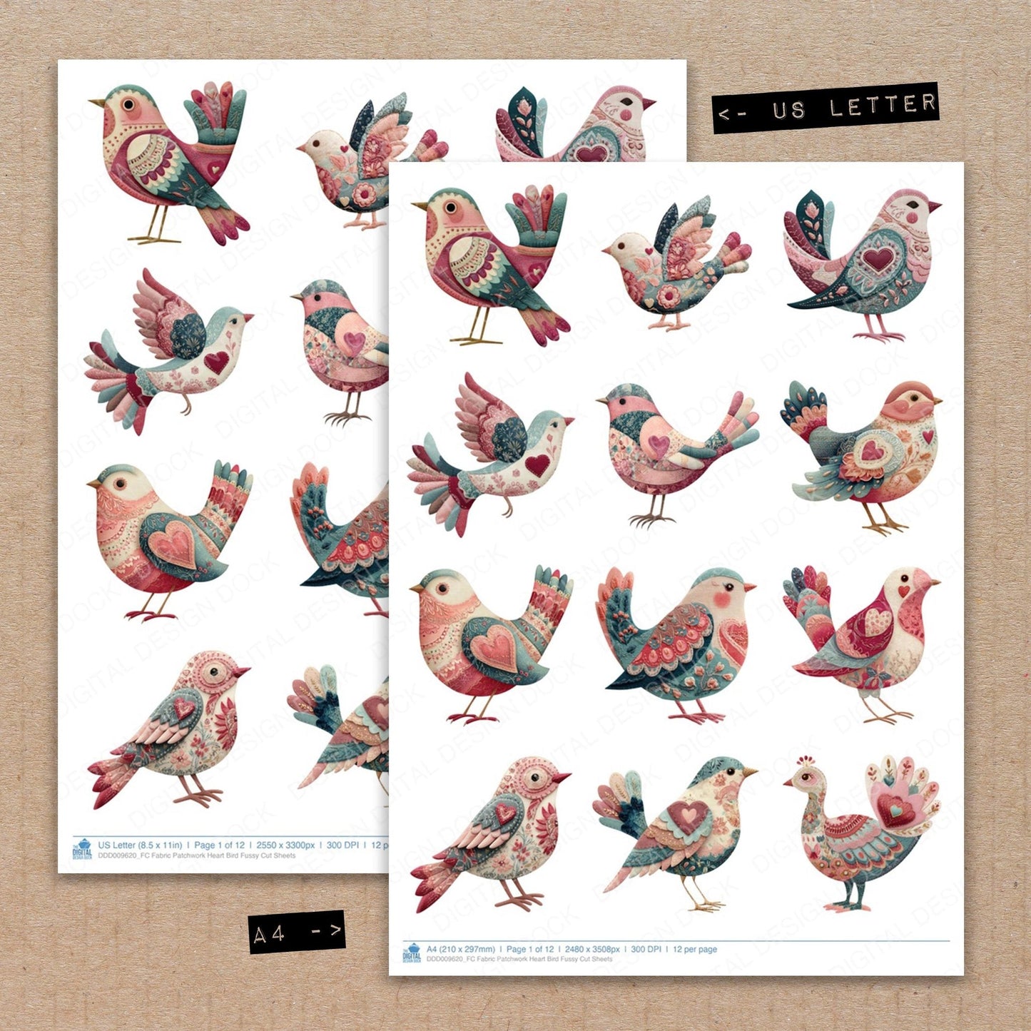 Fabric Patchwork Heart Bird Fussy Cut Sheets (DDD009620)