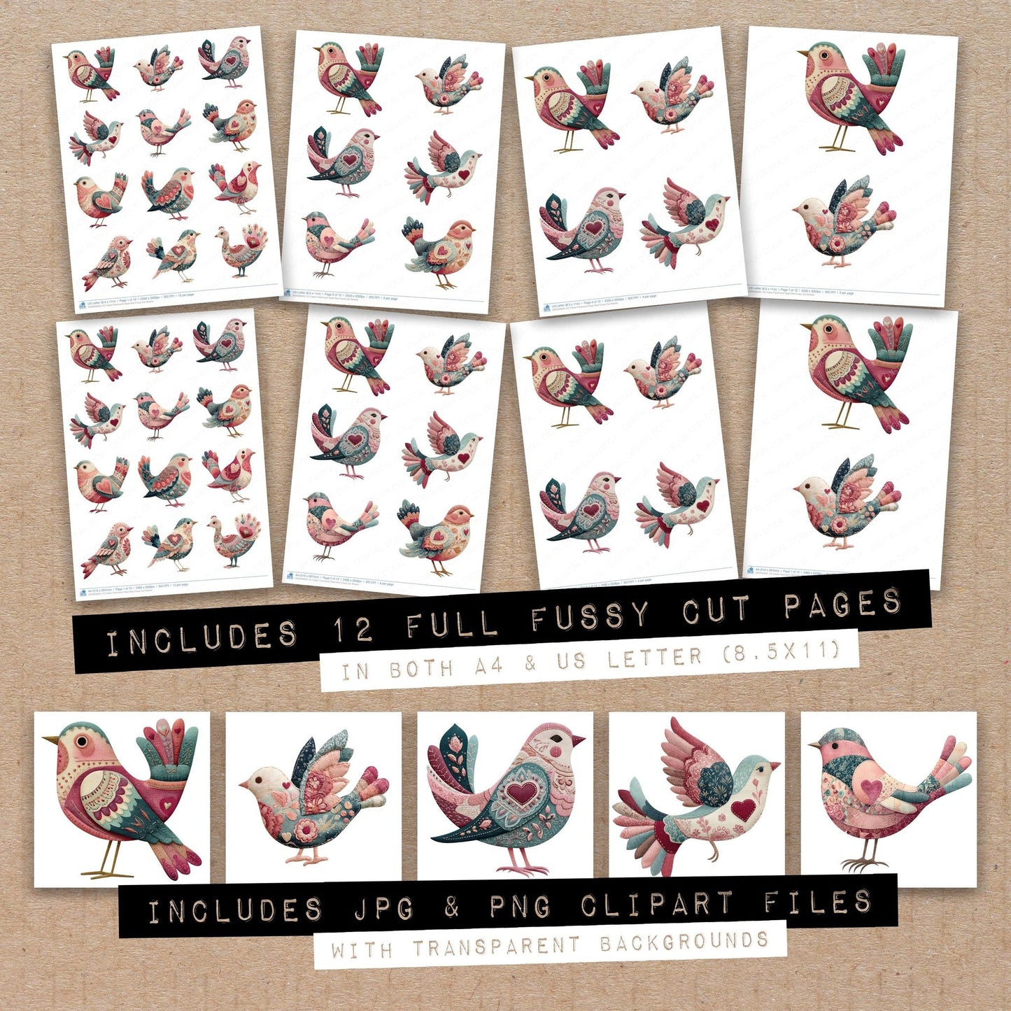 Fabric Patchwork Heart Bird Fussy Cut Sheets (DDD009620)