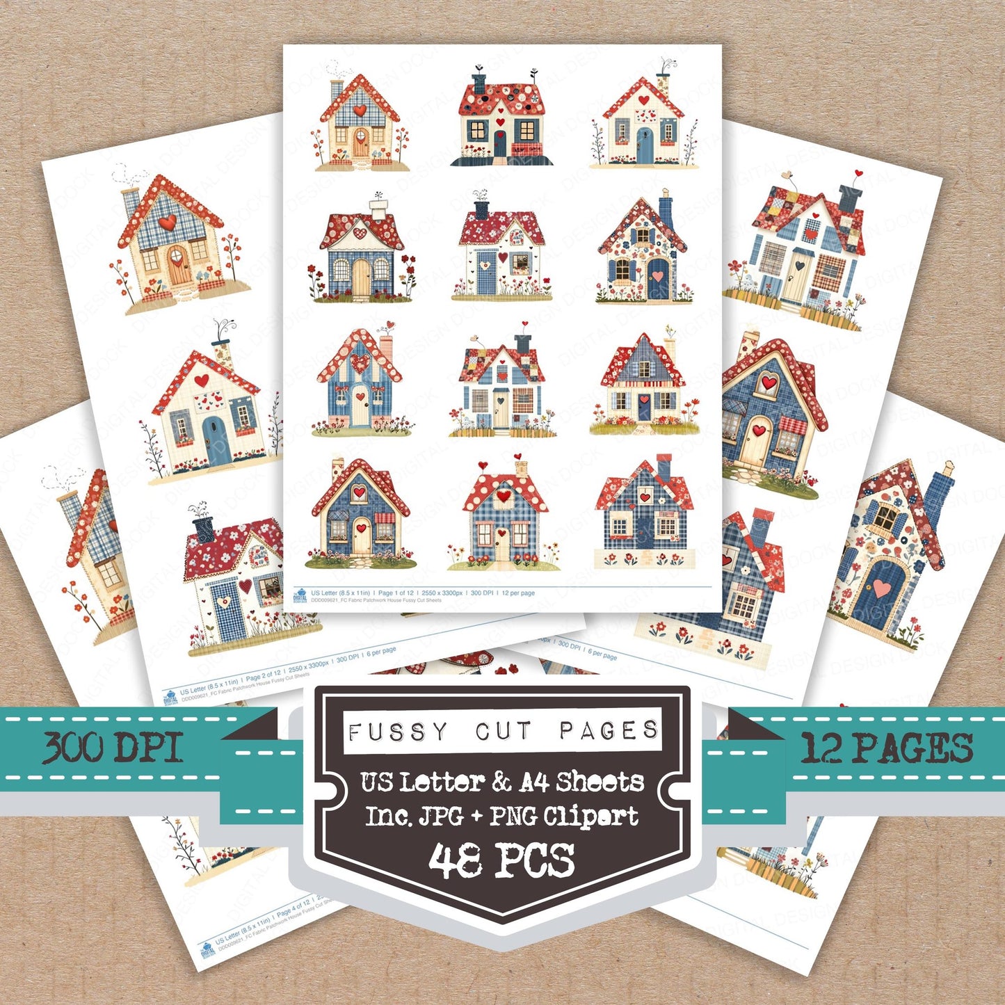 Fabric Patchwork House fussy cut printable sheets for junk journaling, scrapbooking, and paper craft projects