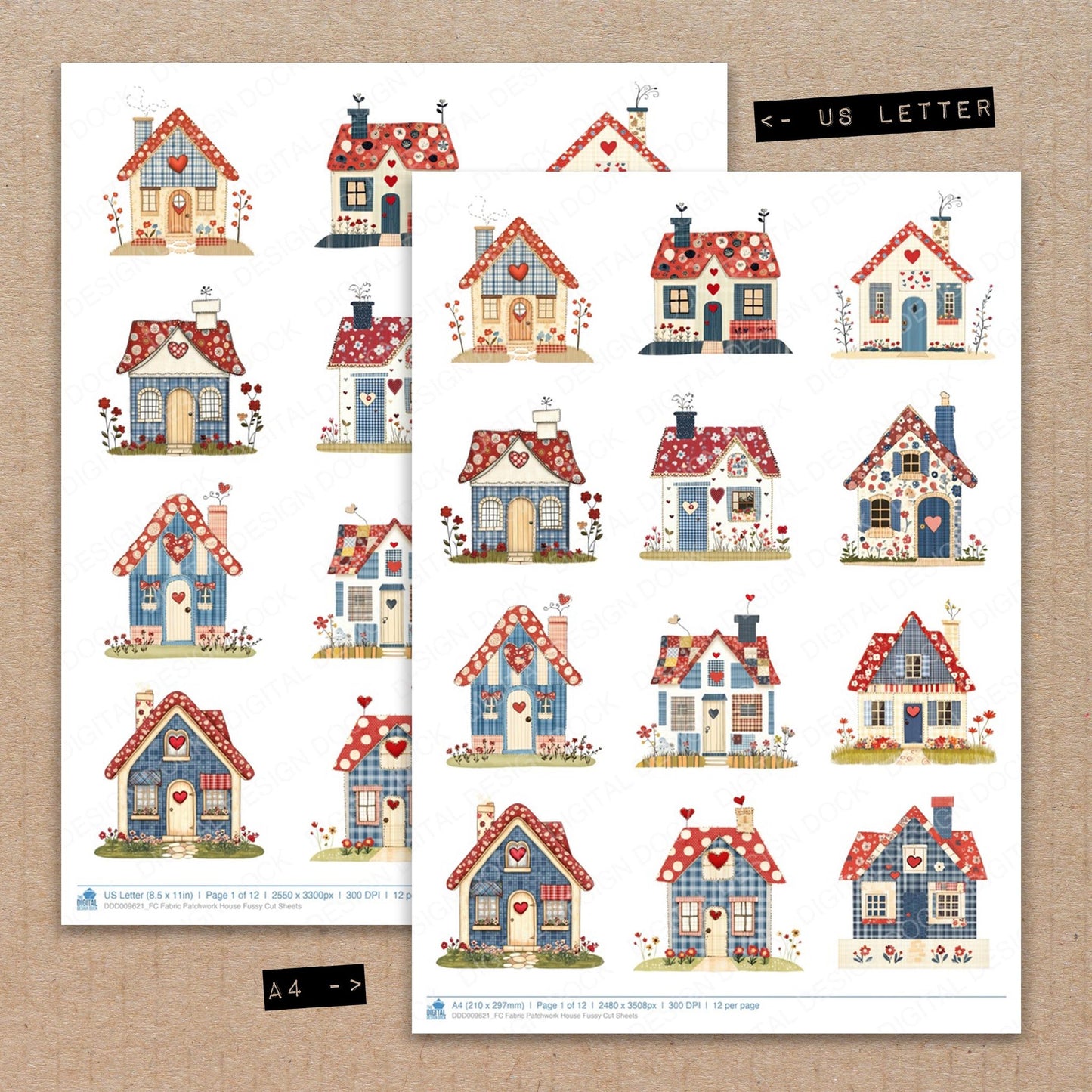 A4 and US Letter format comparison showing Fabric Patchwork House fussy cut pages for print and cut crafting