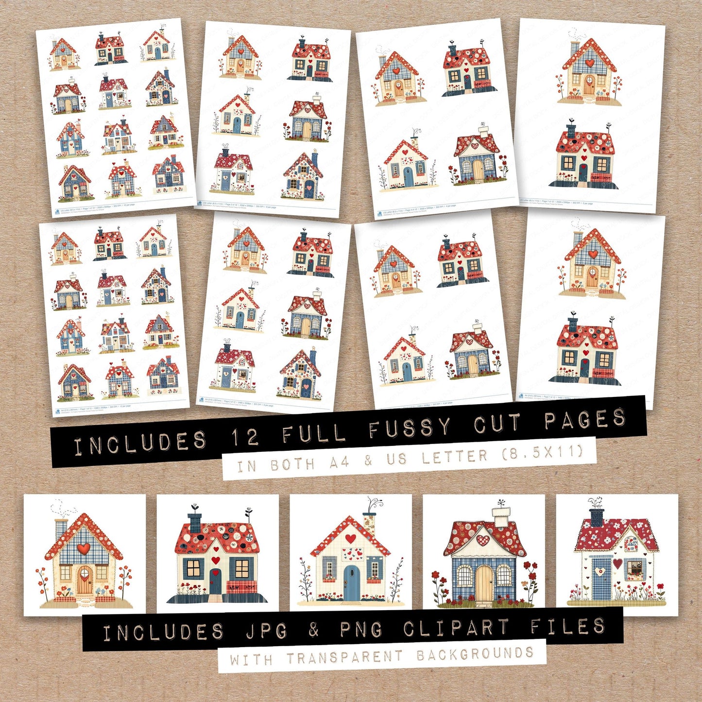 Full collection view of Fabric Patchwork House fussy cut sheets with bonus clipart JPG and PNG files