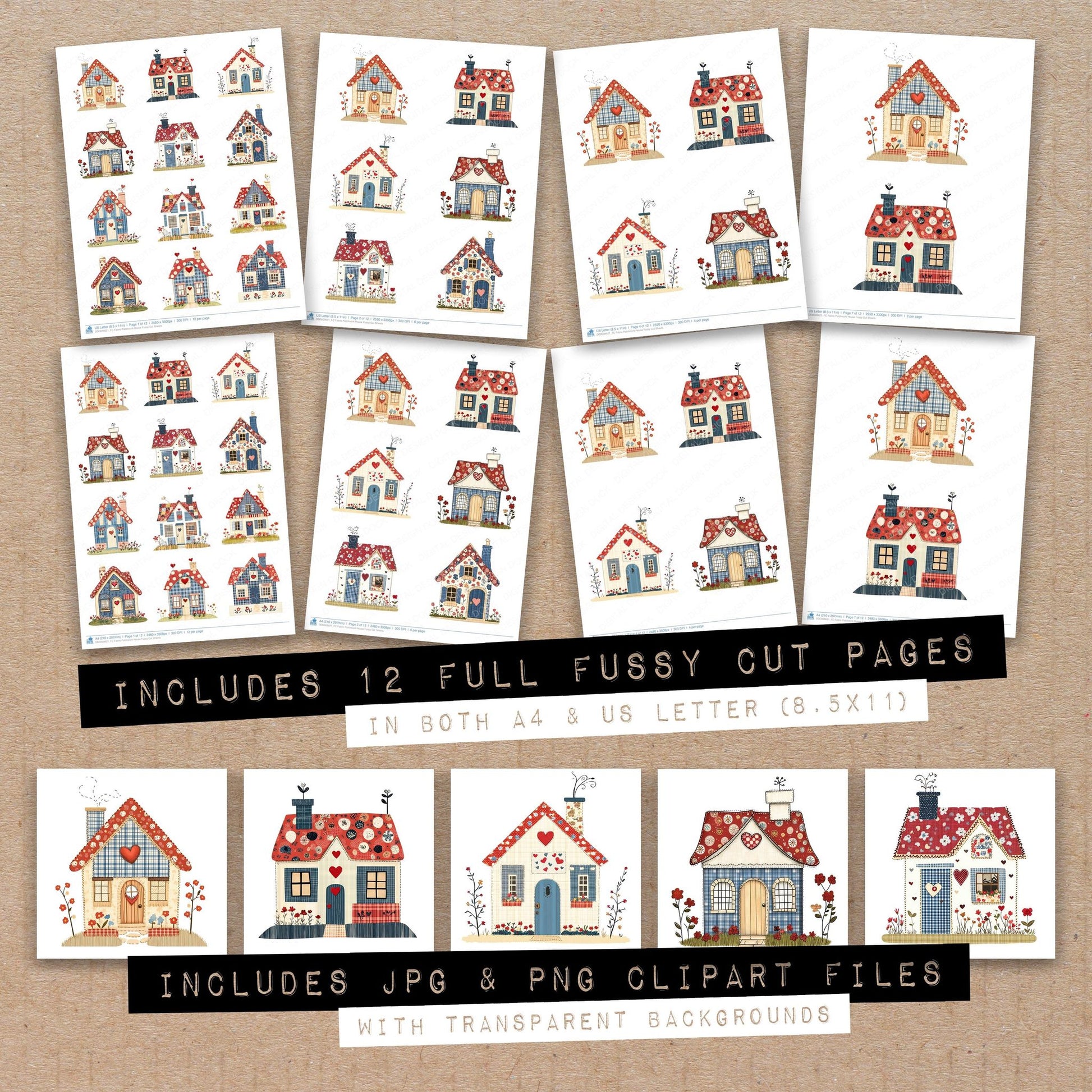 Full collection view of Fabric Patchwork House fussy cut sheets with bonus clipart JPG and PNG files