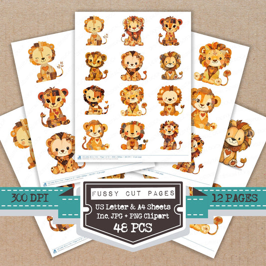 Fabric Patchwork Lion Cub fussy cut printable sheets for junk journaling, scrapbooking, and paper craft projects