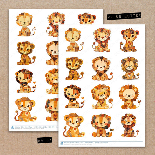 A4 and US Letter format comparison showing Fabric Patchwork Lion Cub fussy cut pages for print and cut crafting