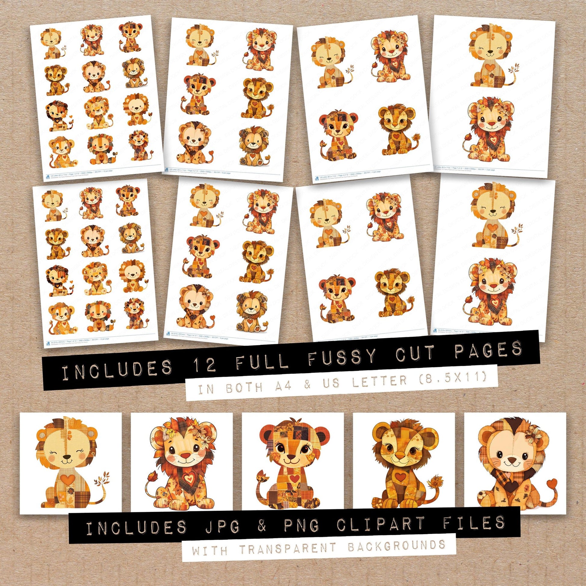 Full collection view of Fabric Patchwork Lion Cub fussy cut sheets with bonus clipart JPG and PNG files