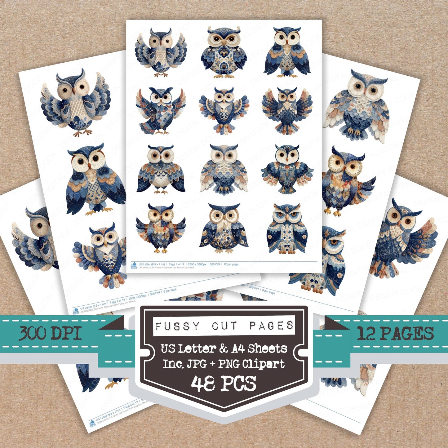 Fabric Patchwork Owl fussy cut printable sheets for junk journaling, scrapbooking, and paper craft projects