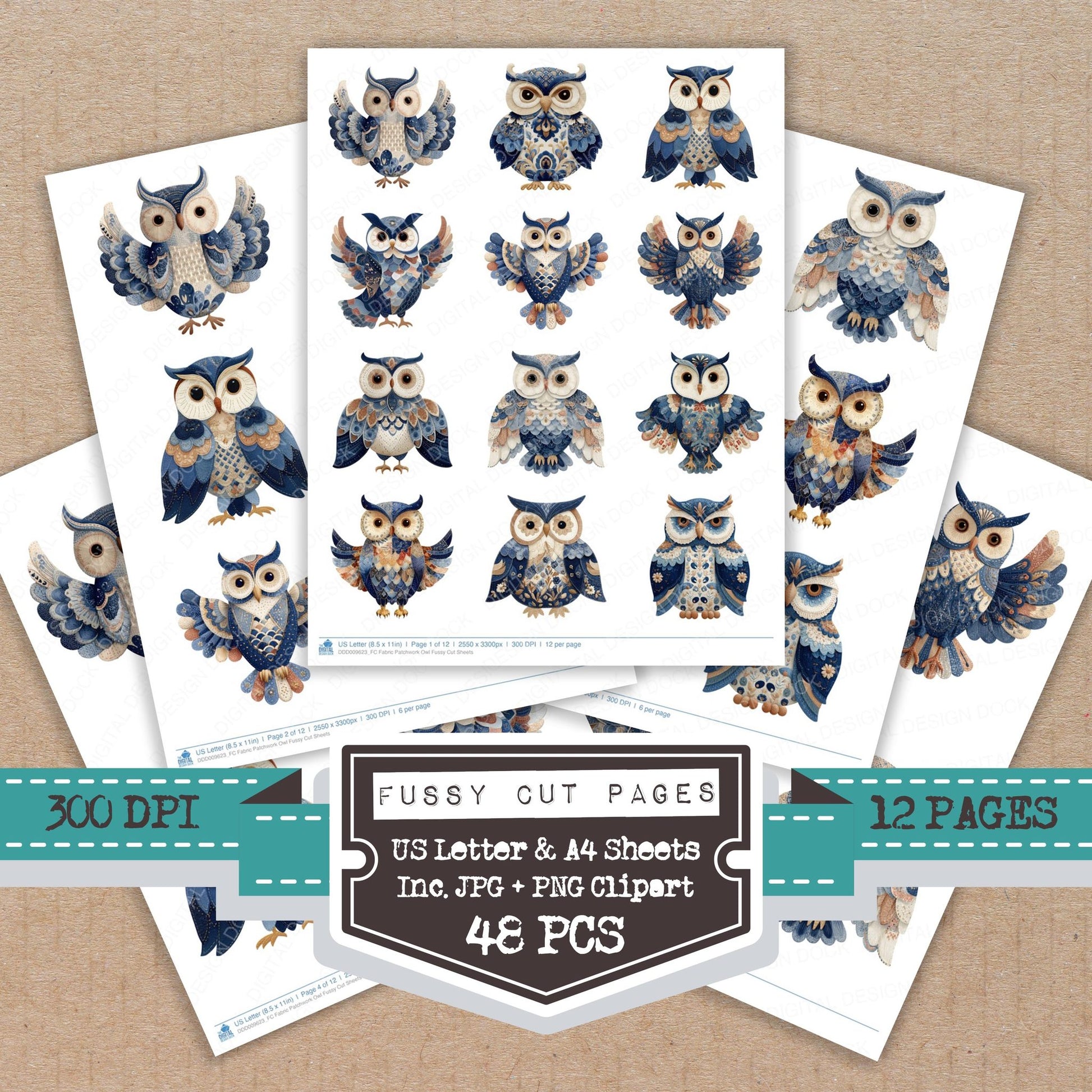 Fabric Patchwork Owl fussy cut printable sheets for junk journaling, scrapbooking, and paper craft projects