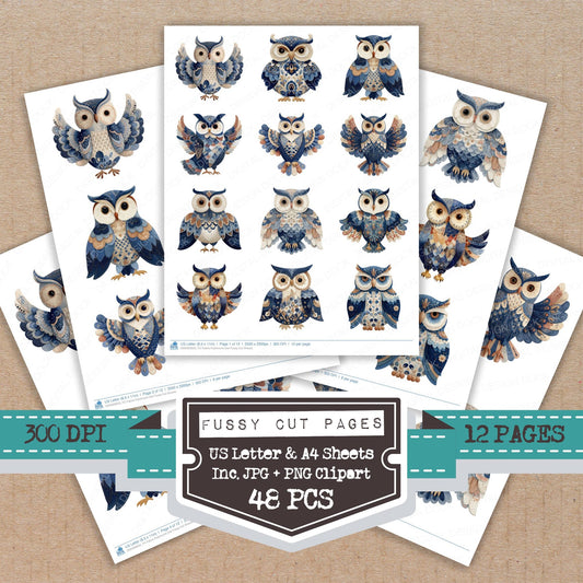 Fabric Patchwork Owl fussy cut printable sheets for junk journaling, scrapbooking, and paper craft projects