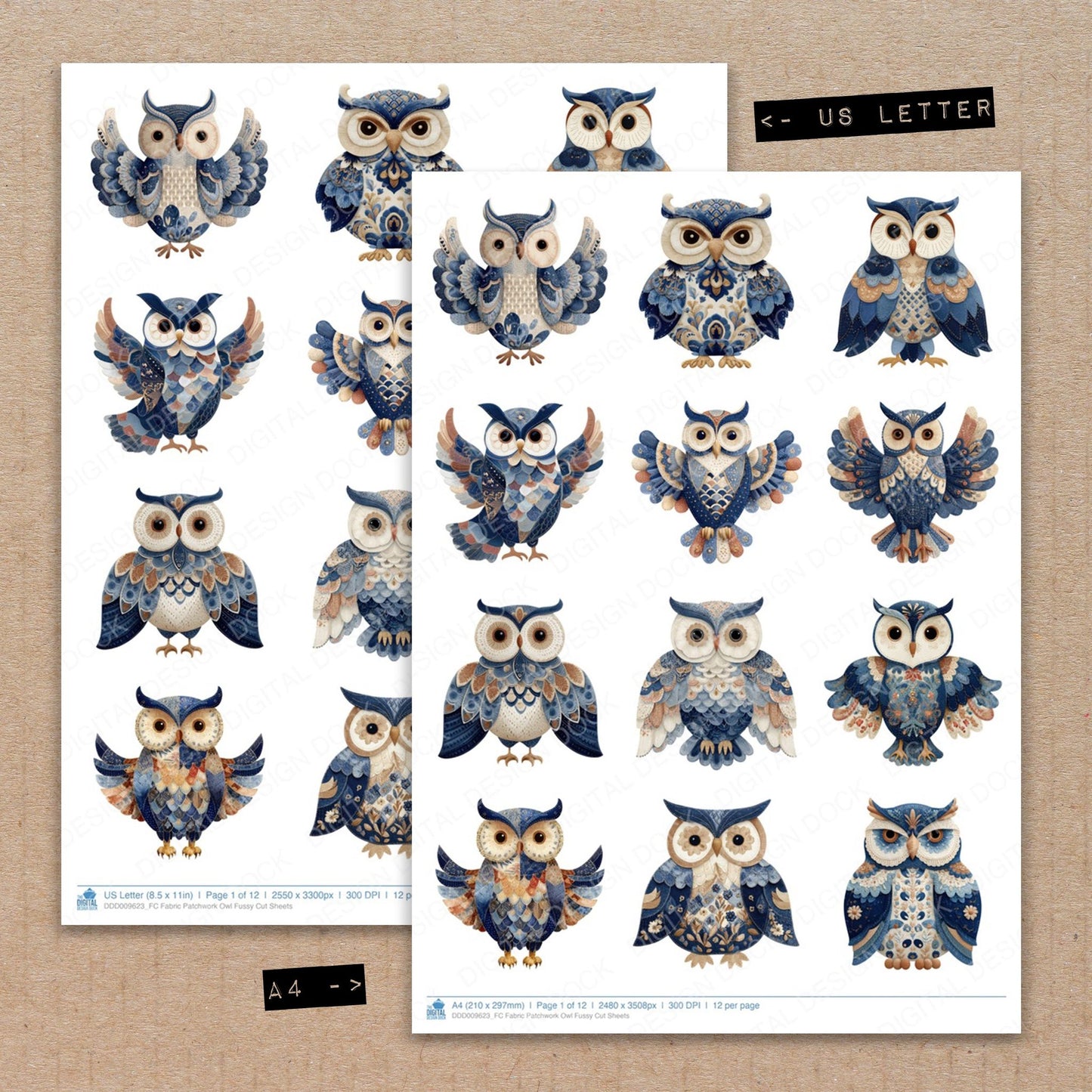 A4 and US Letter format comparison showing Fabric Patchwork Owl fussy cut pages for print and cut crafting
