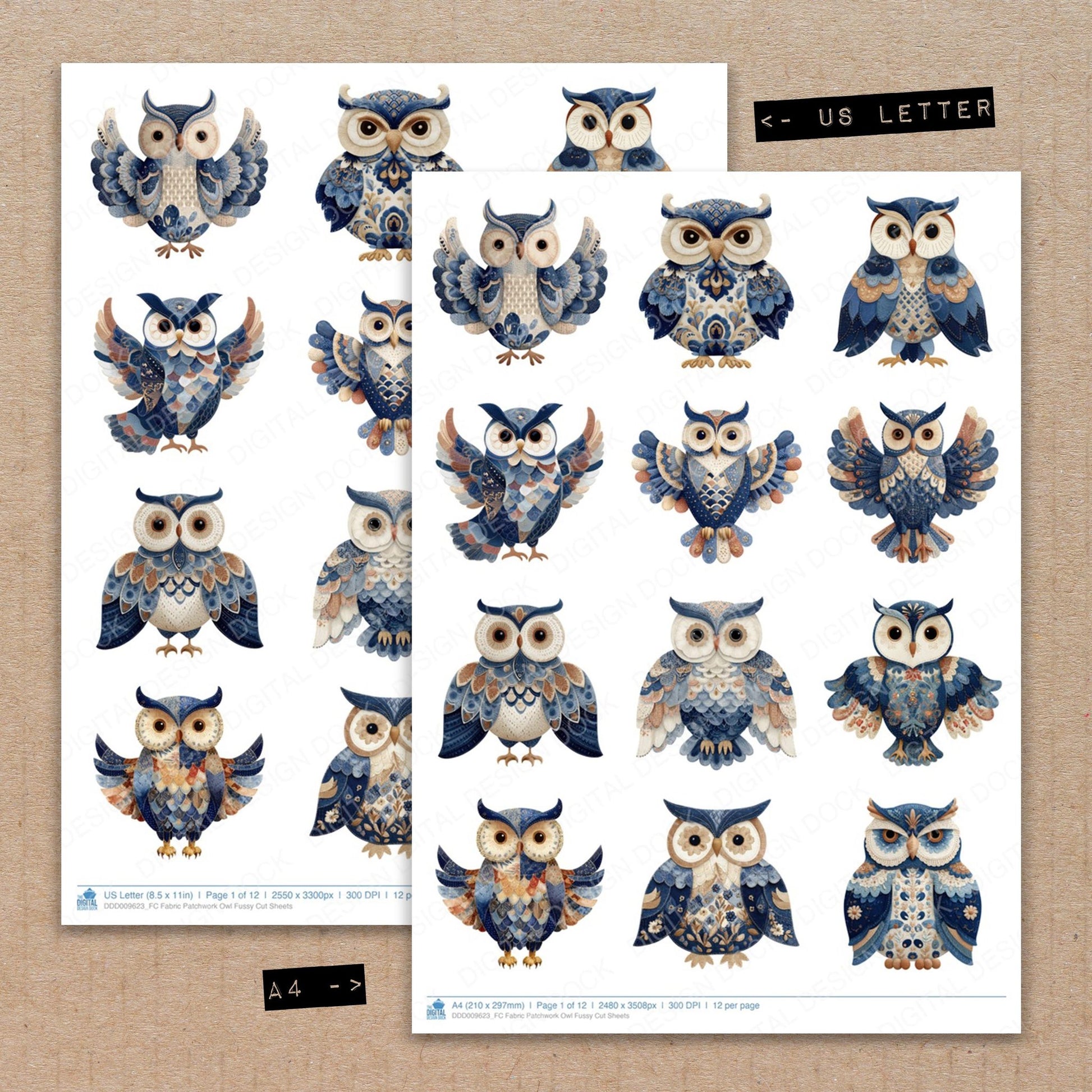 A4 and US Letter format comparison showing Fabric Patchwork Owl fussy cut pages for print and cut crafting