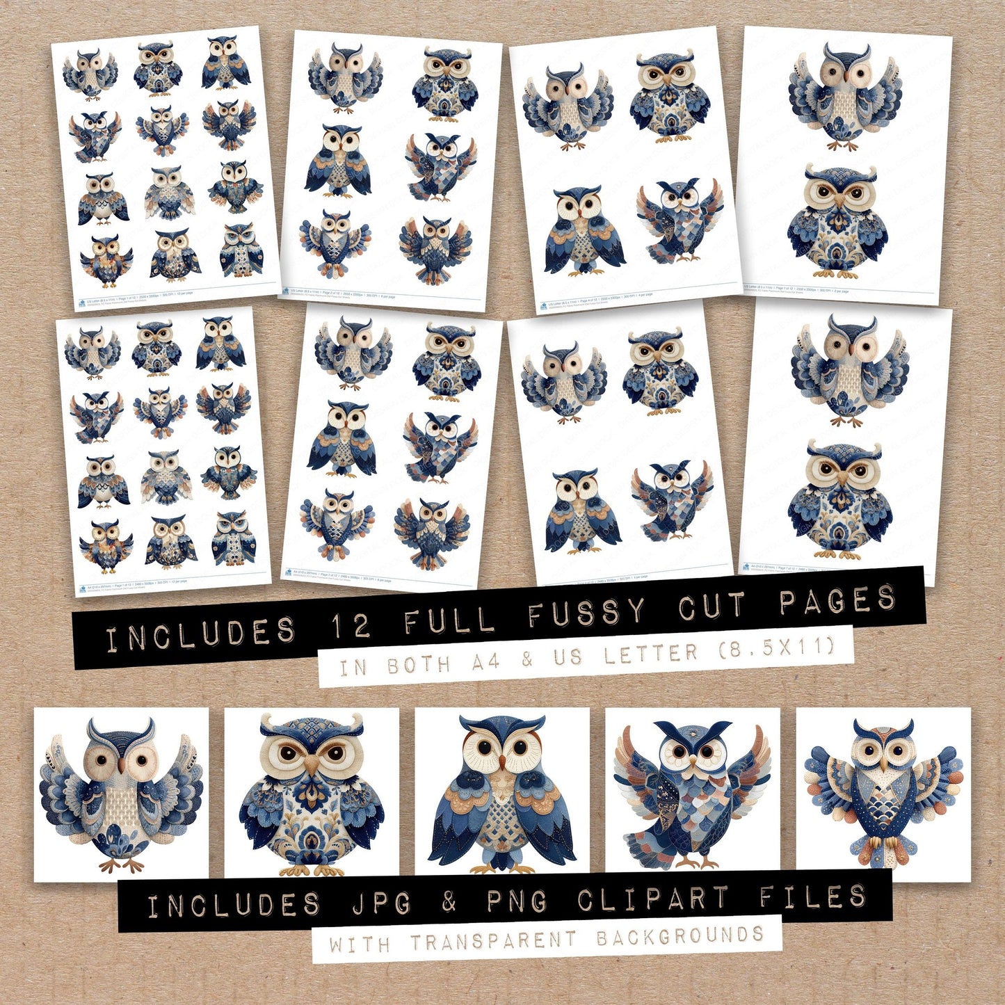 Full collection view of Fabric Patchwork Owl fussy cut sheets with bonus clipart JPG and PNG files