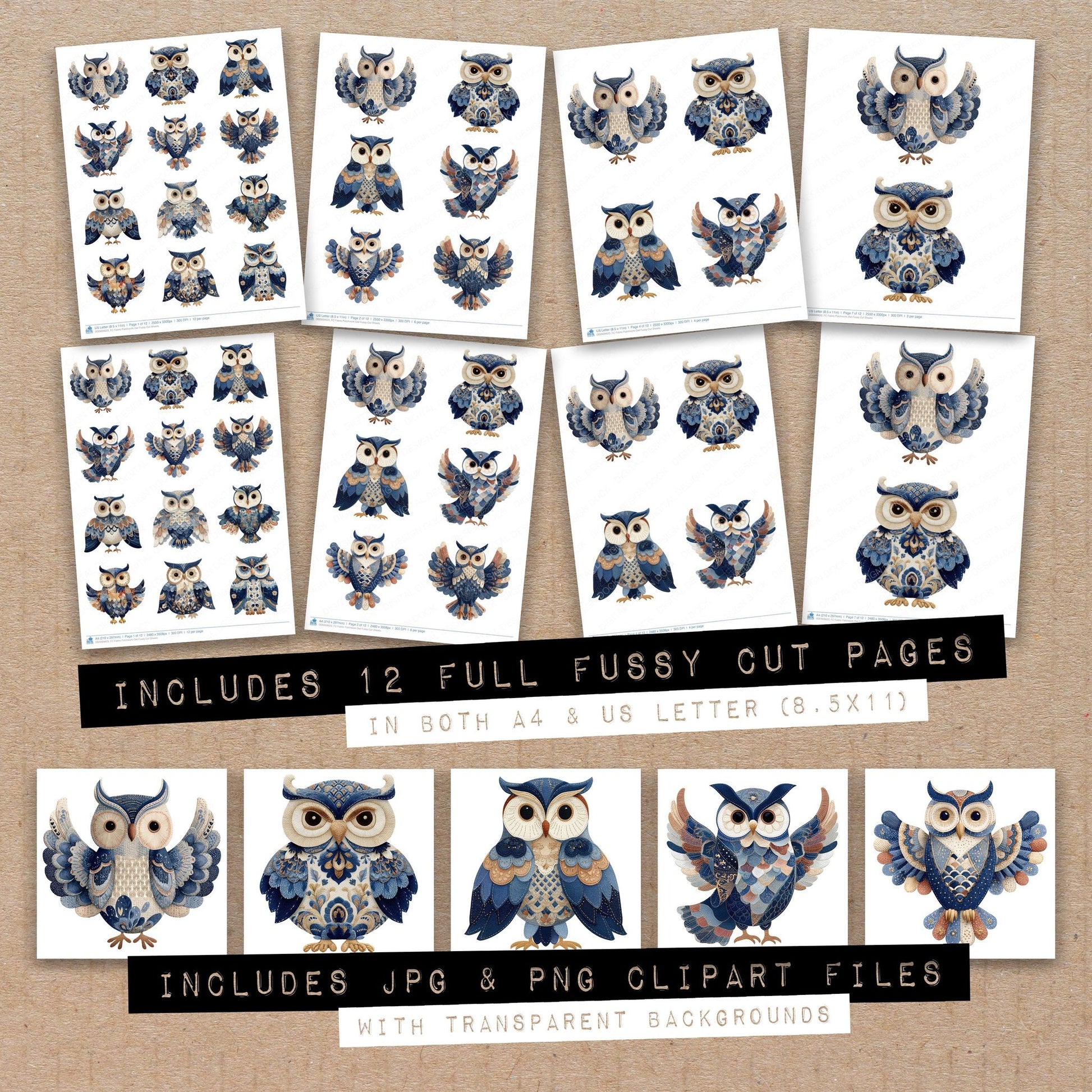 Full collection view of Fabric Patchwork Owl fussy cut sheets with bonus clipart JPG and PNG files