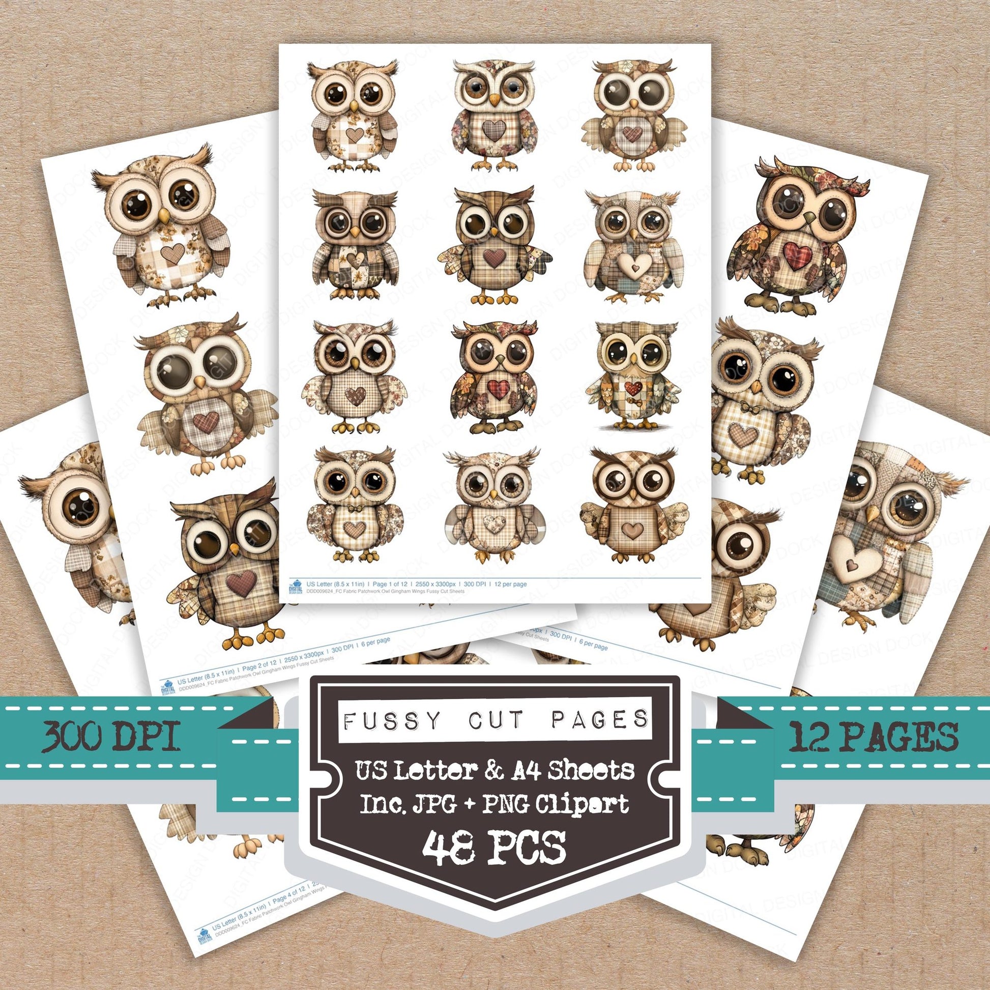Fabric Patchwork Owl Gingham Wings fussy cut printable sheets for junk journaling, scrapbooking, and paper craft projects