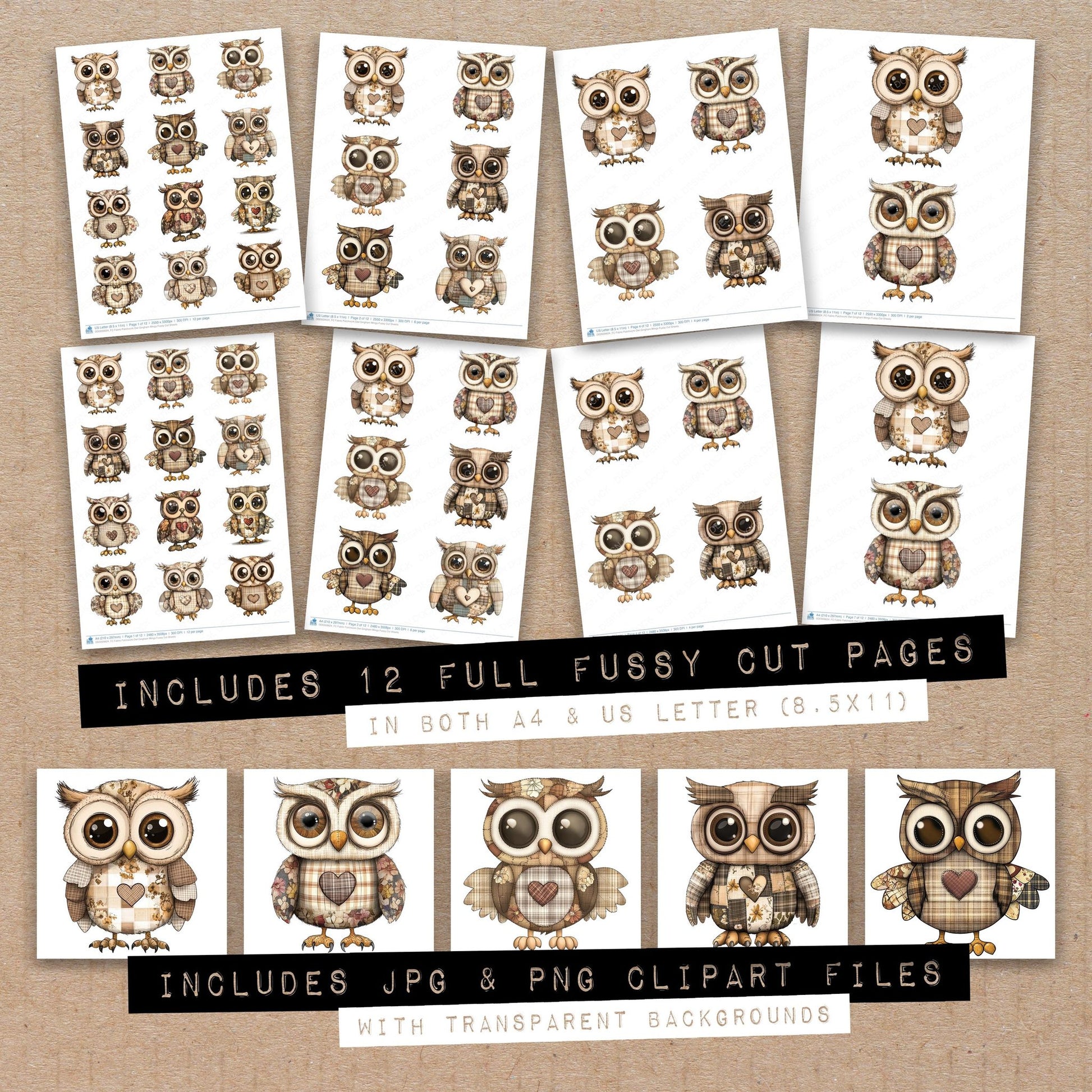Full collection view of Fabric Patchwork Owl Gingham Wings fussy cut sheets with bonus clipart JPG and PNG files